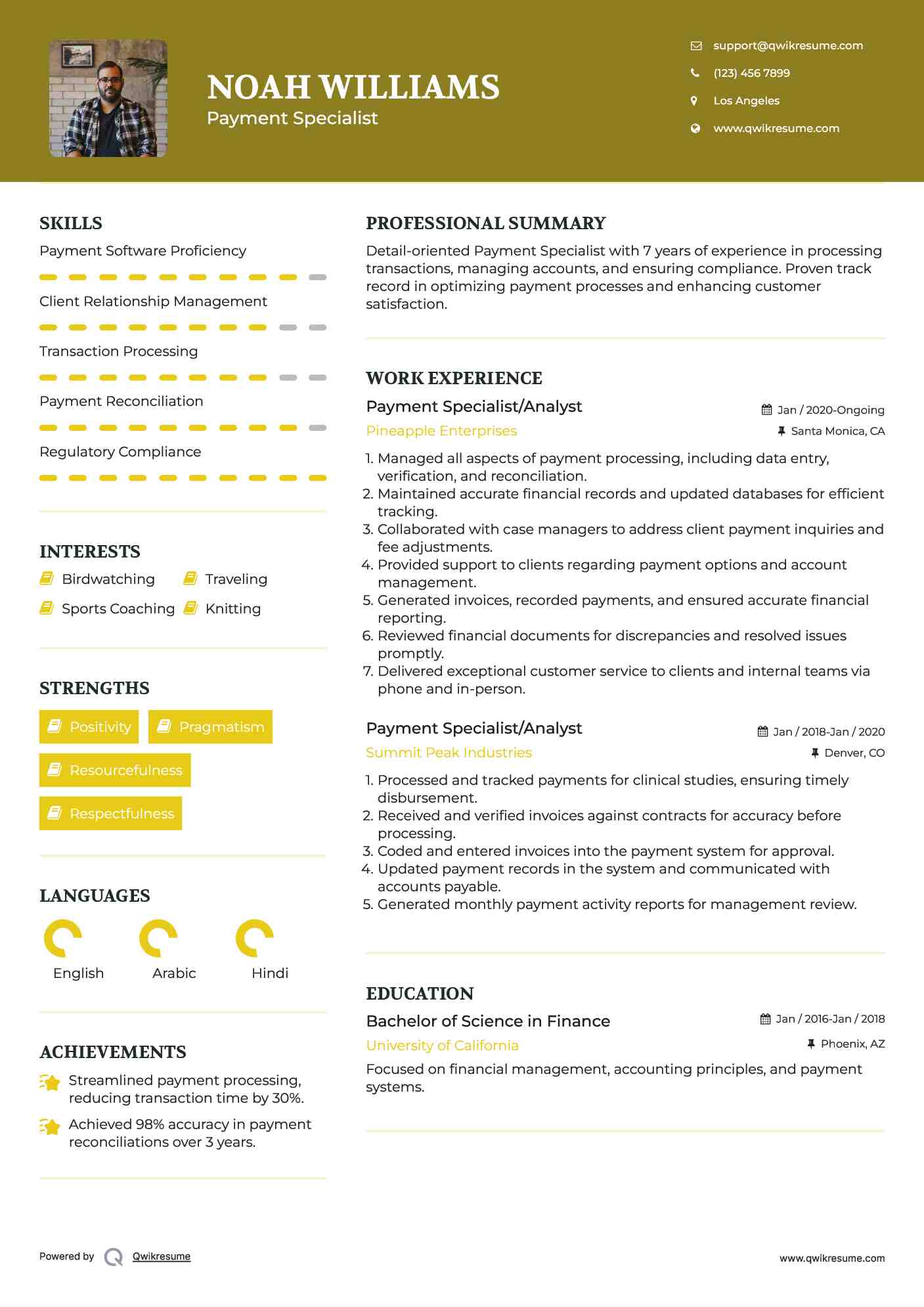 Payment Specialist/Analyst Resume Sample