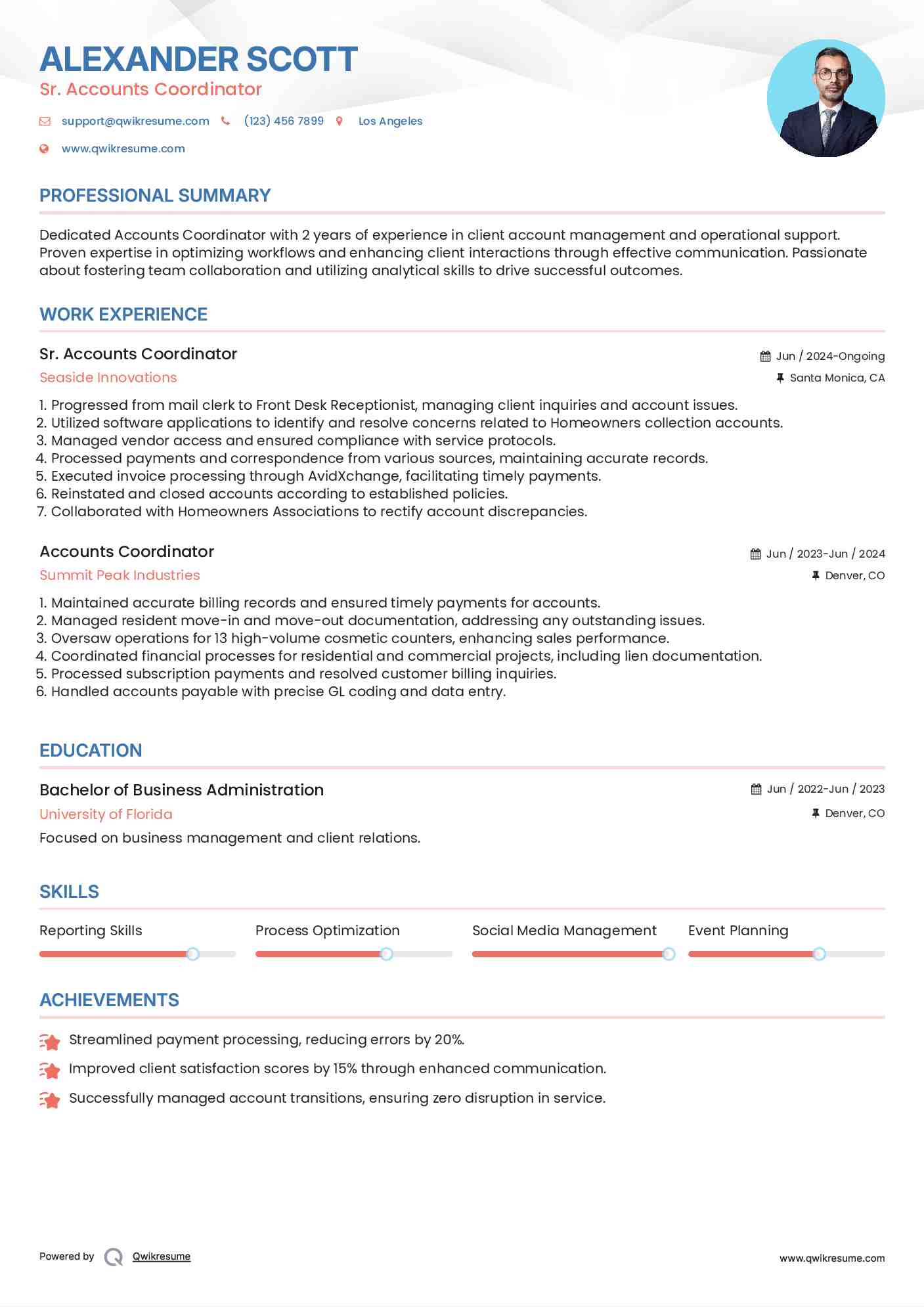 Sr. Accounts Coordinator Resume Example