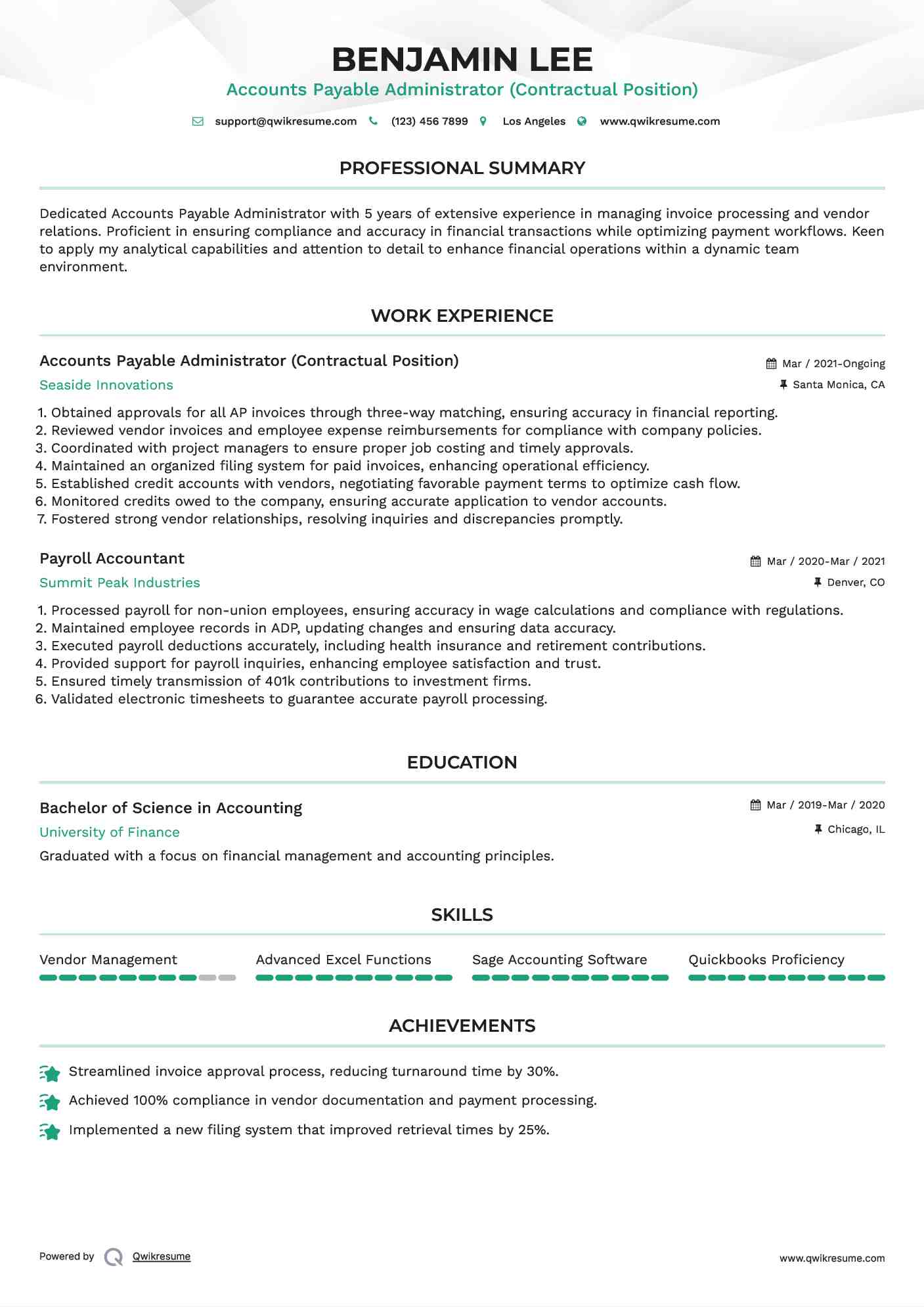 Accounts Payable Administrator (Contractual Position) Resume Format