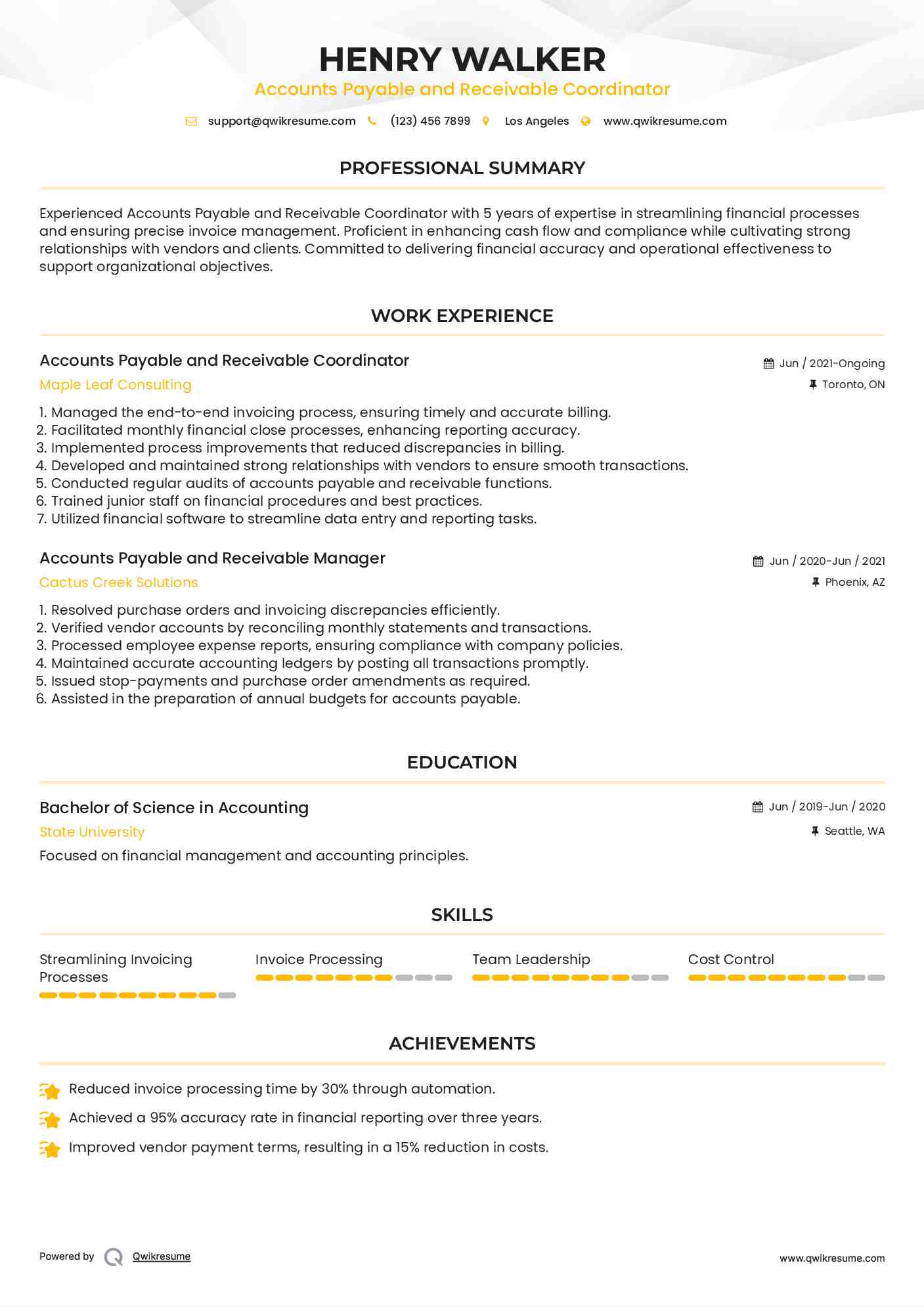 Accounts Payable and Receivable Coordinator Resume Template