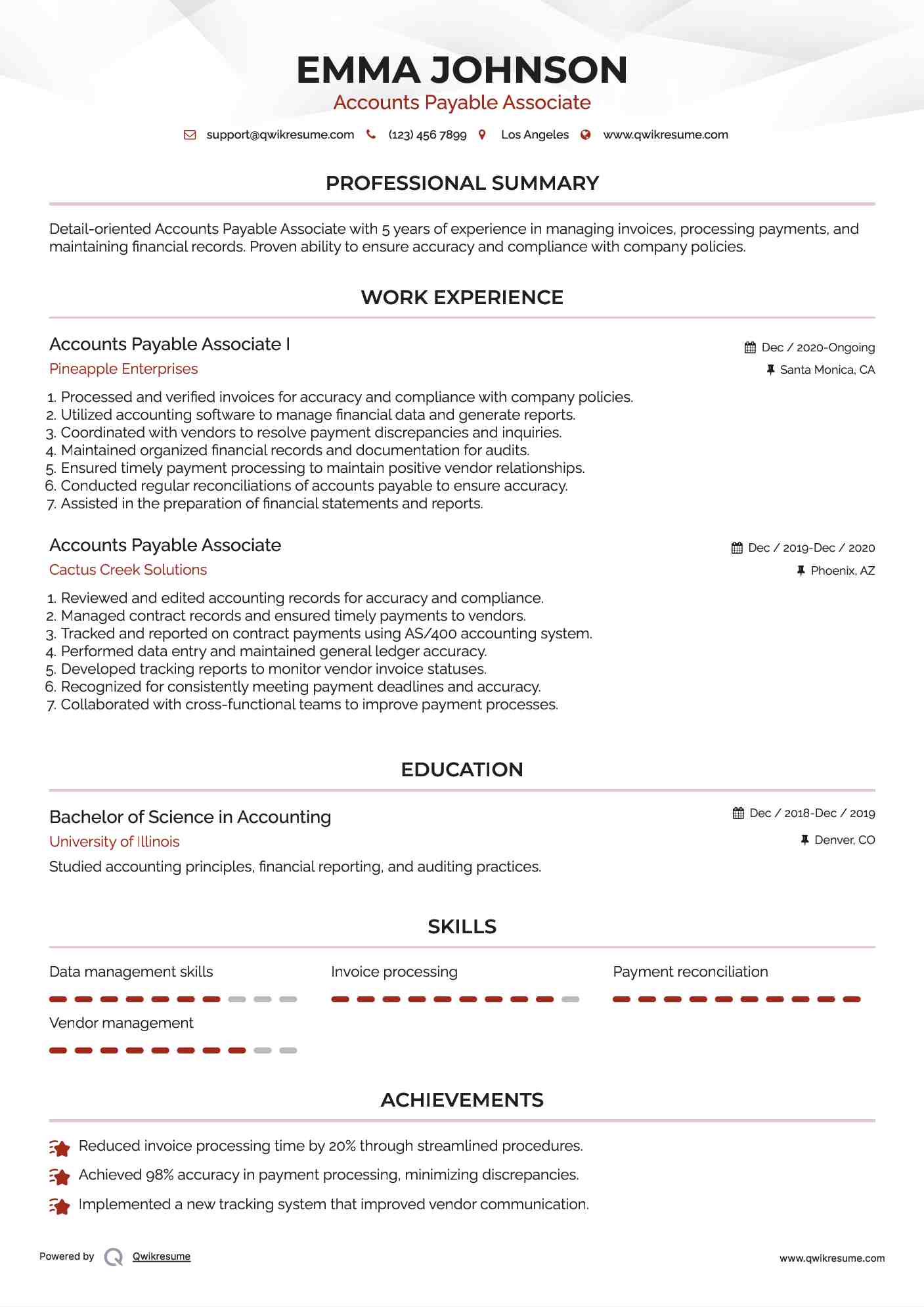 Accounts Payable Associate I Resume Example