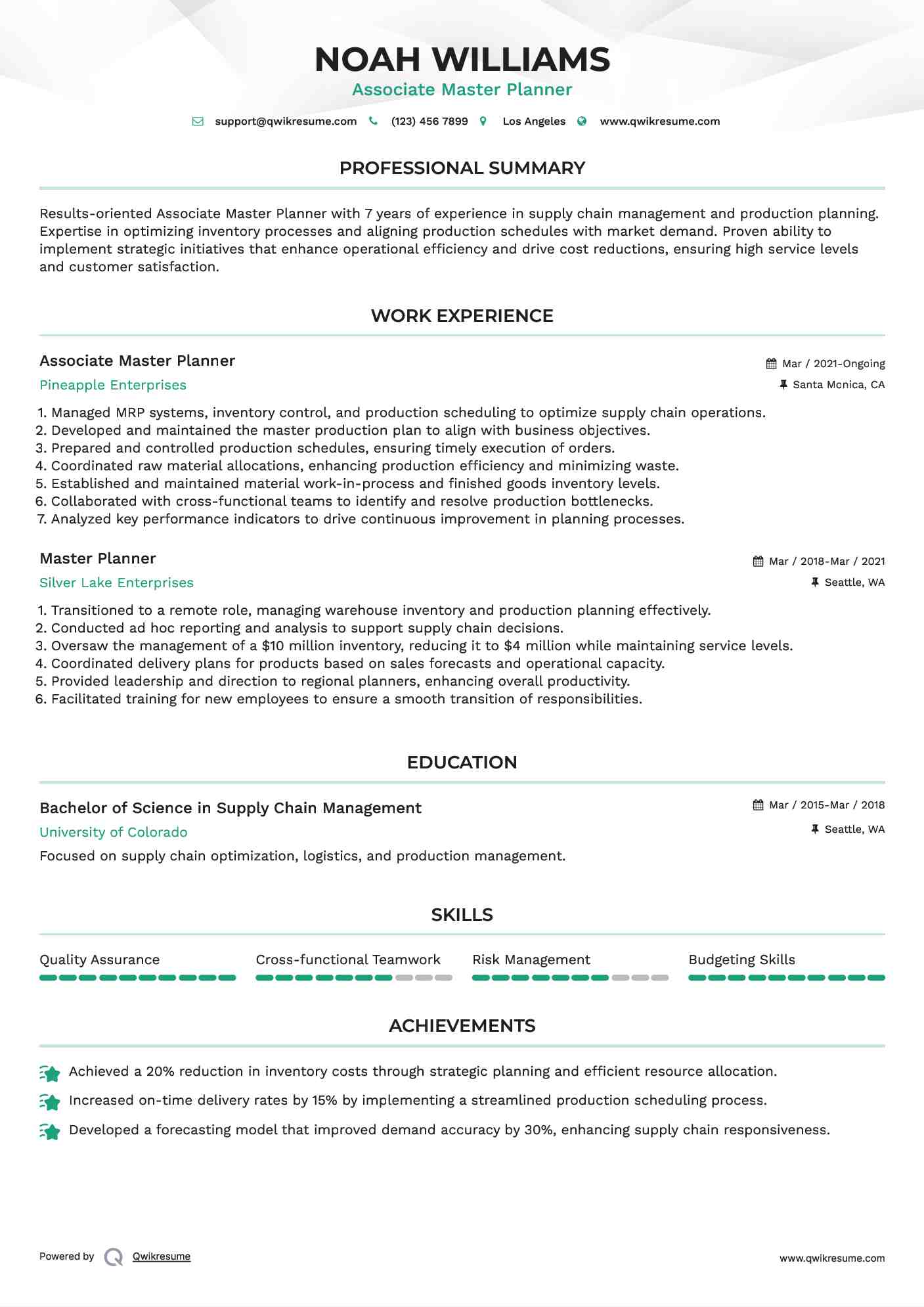 Associate Master Planner Resume Sample