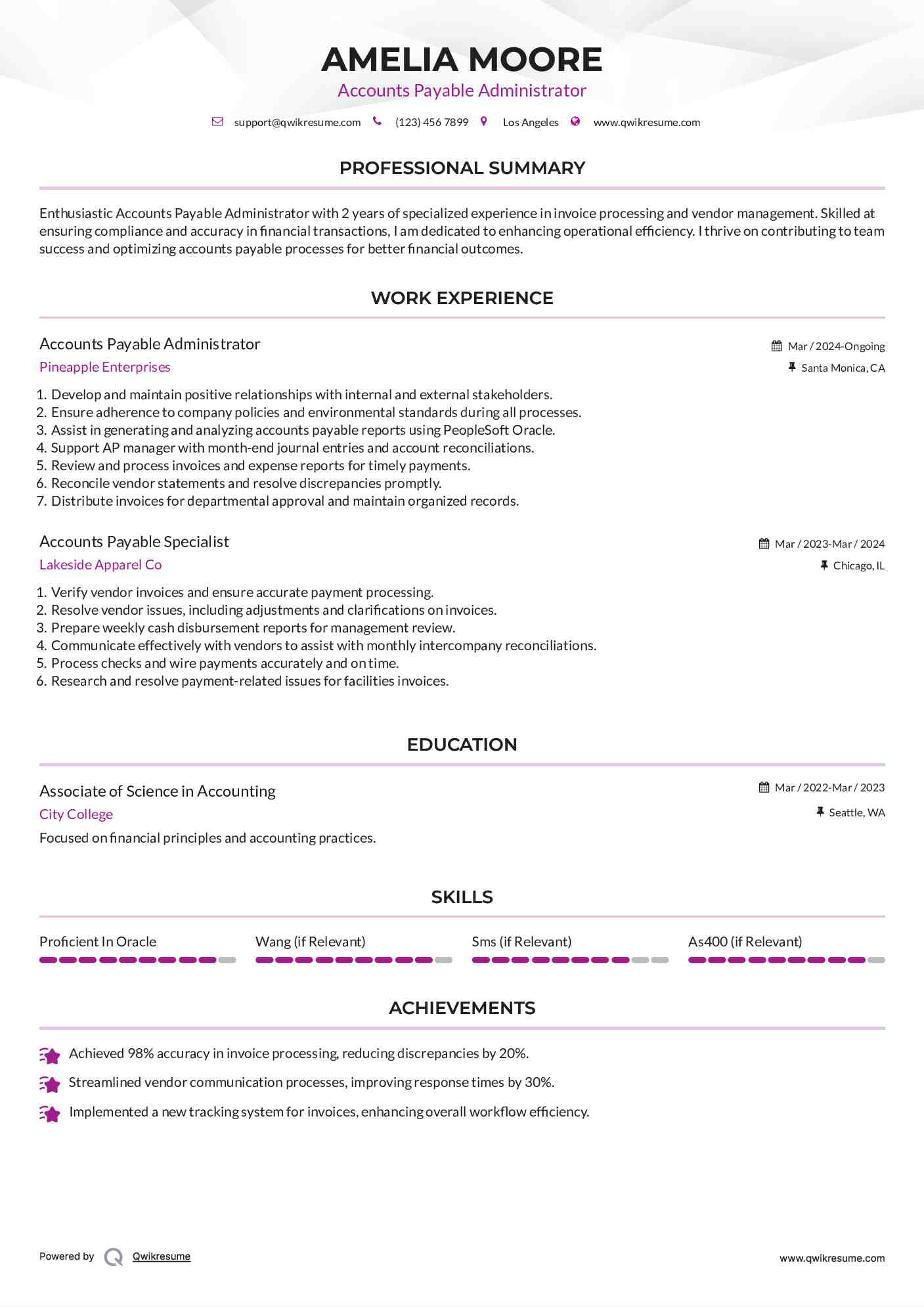 Accounts Payable Administrator Resume Model