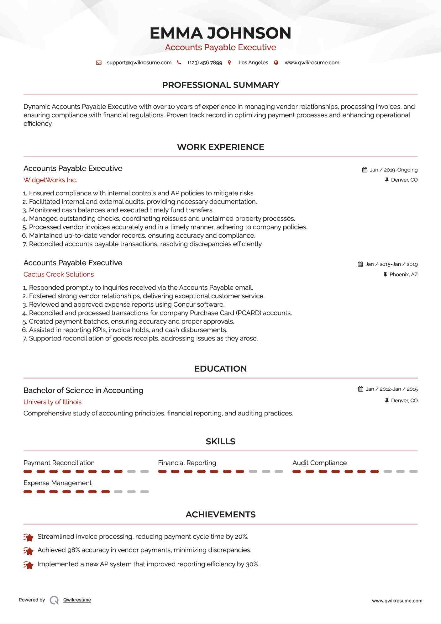 Accounts Payable Executive Resume Example