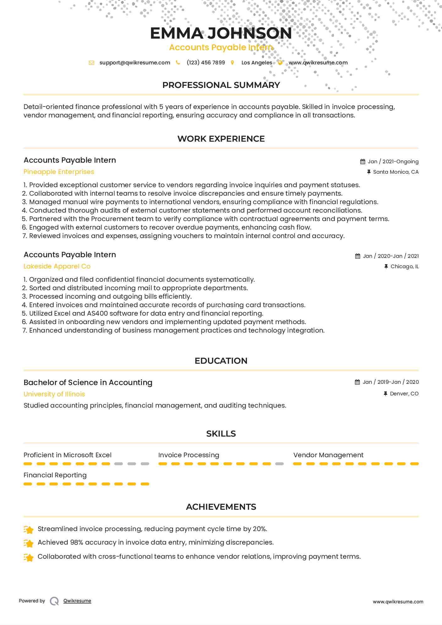 Accounts Payable Intern Resume Example