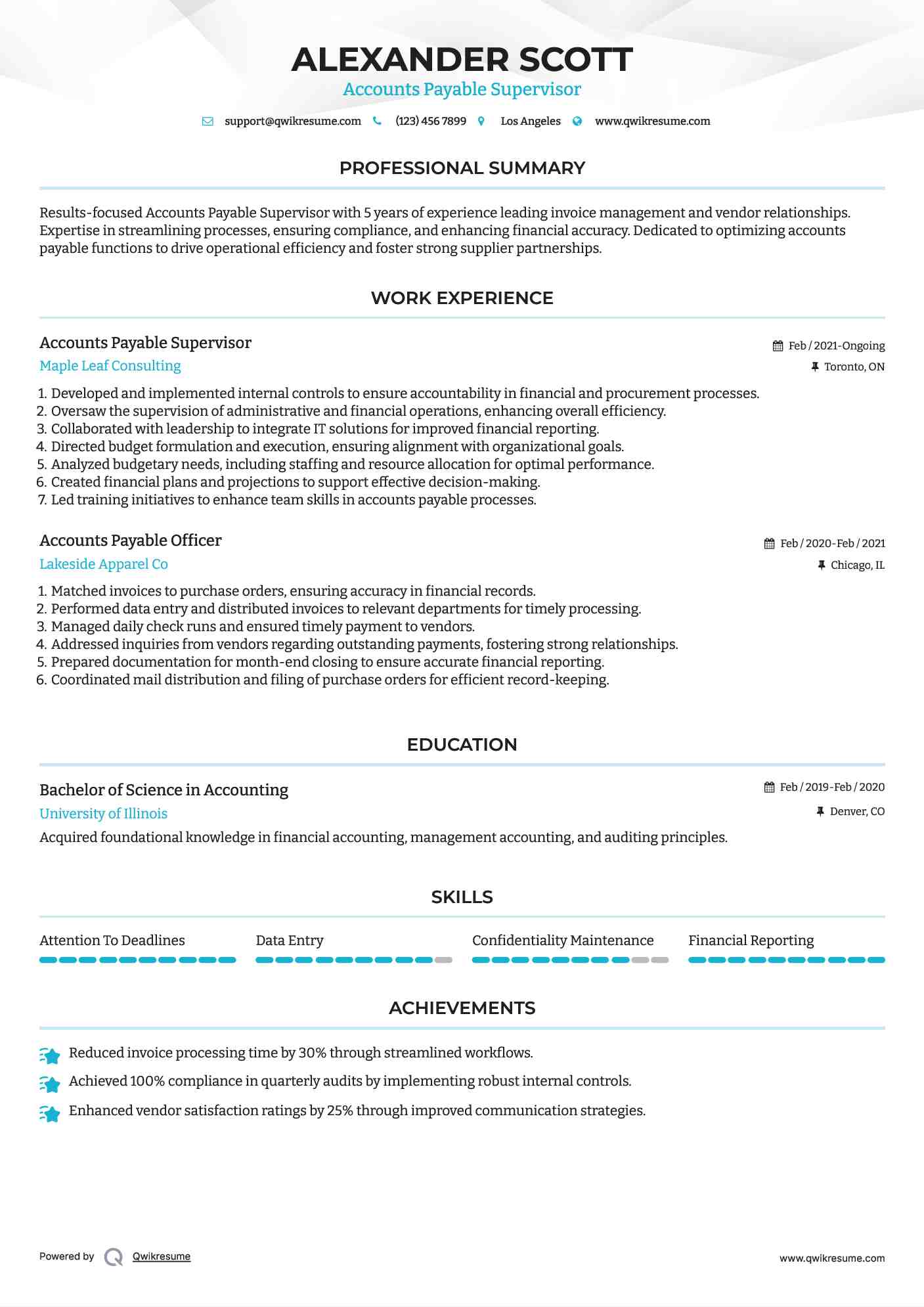 Accounts Payable Supervisor Resume Sample