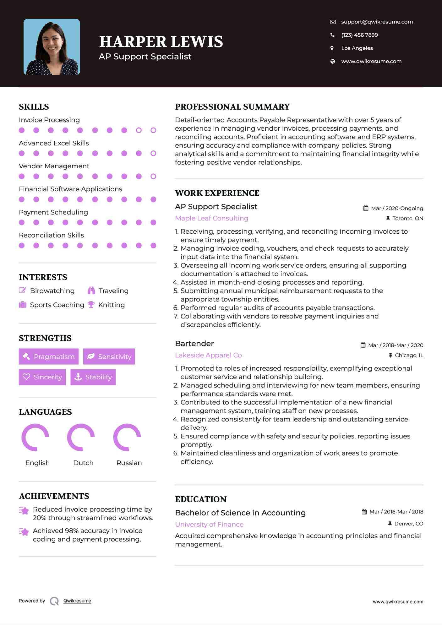 AP Support Specialist
 Resume Example
