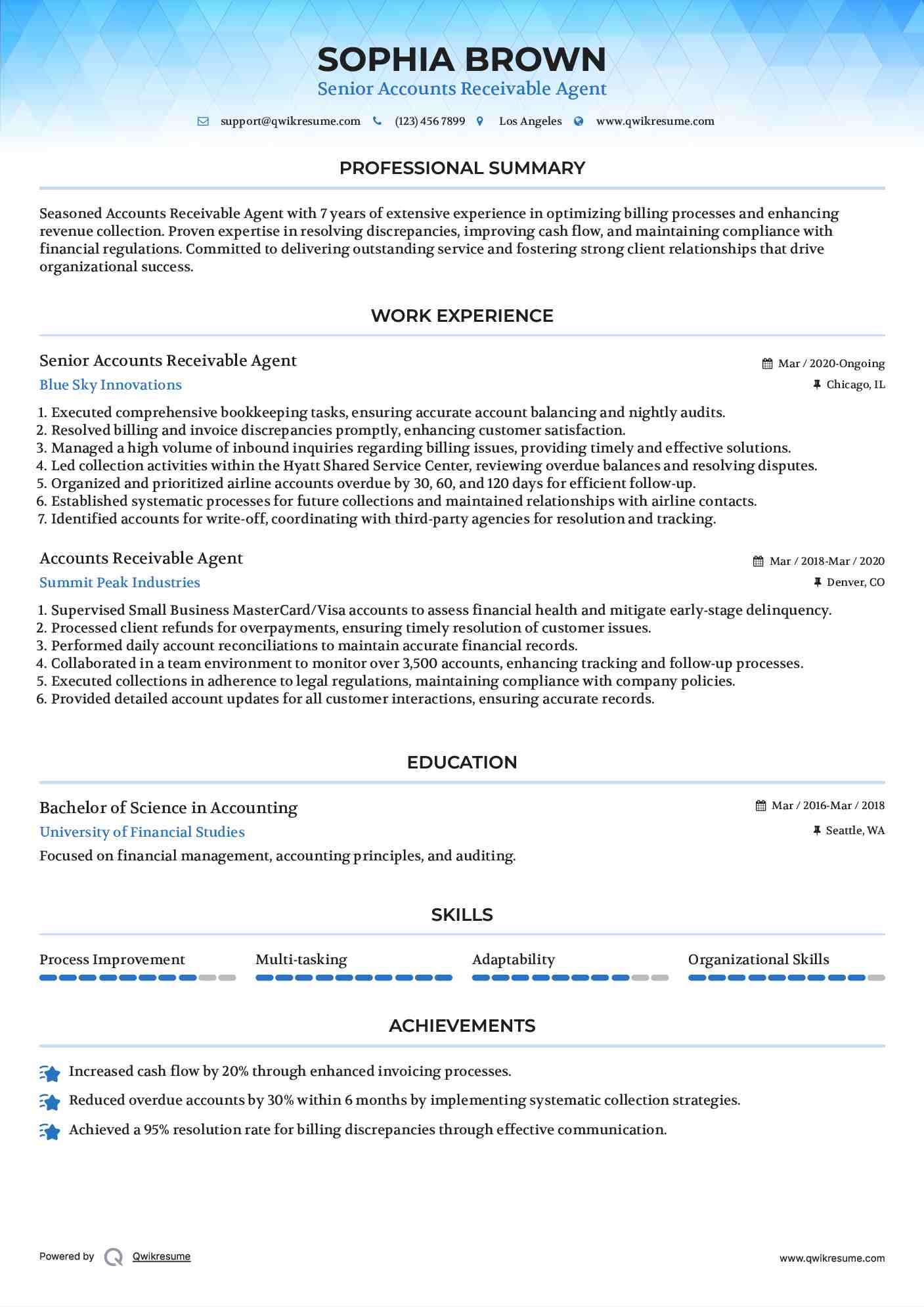 Senior Accounts Receivable Agent Resume Example