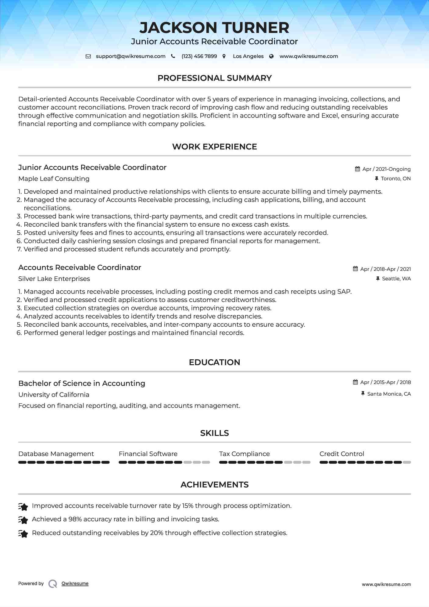 Junior Accounts Receivable Coordinator Resume Sample