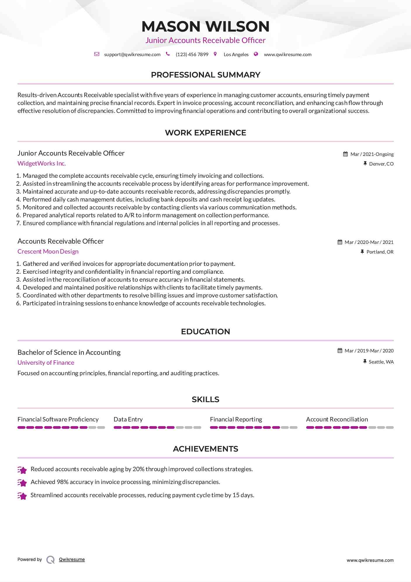 Junior Accounts Receivable Officer Resume Model