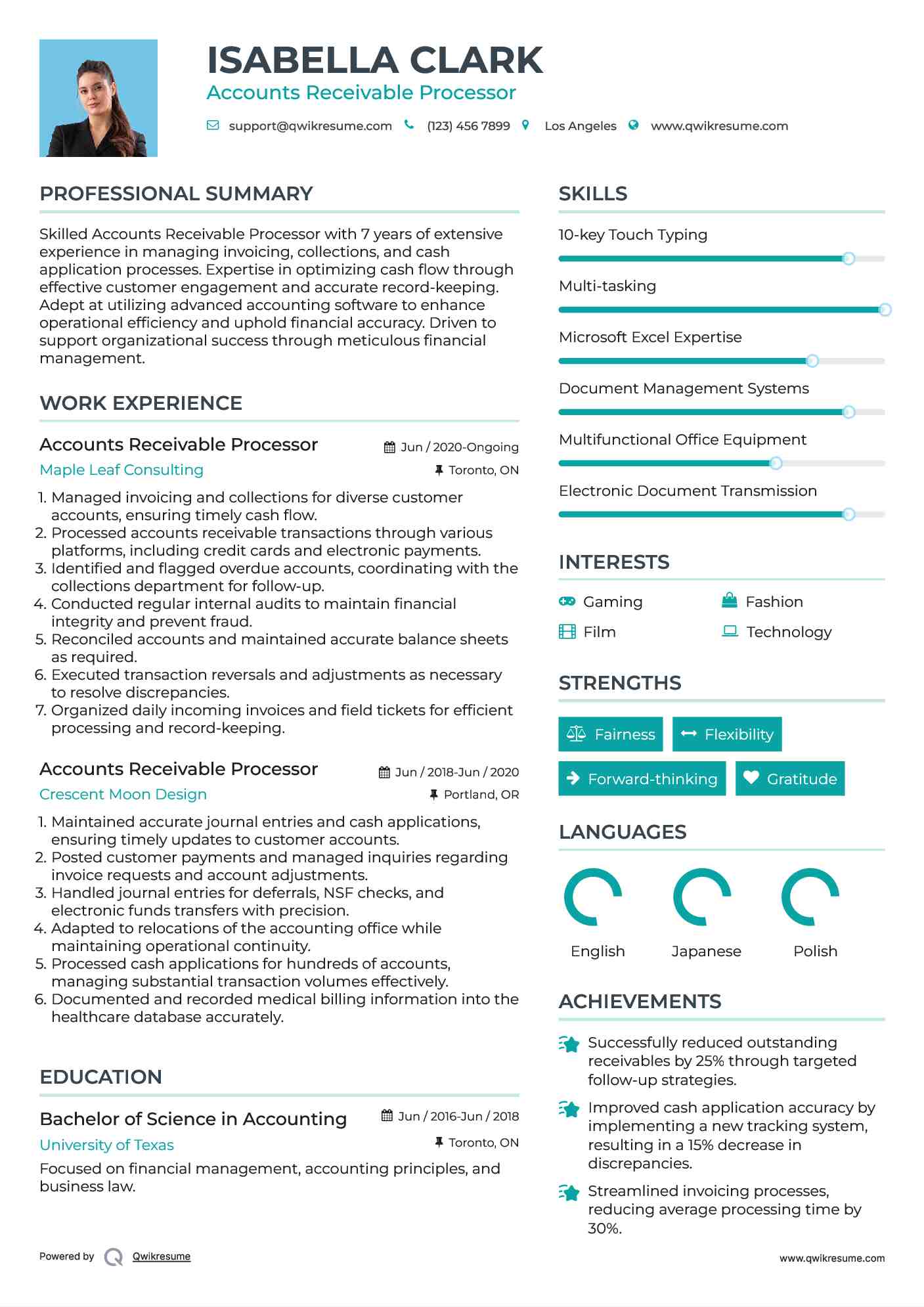 Accounts Receivable Processor Resume Sample