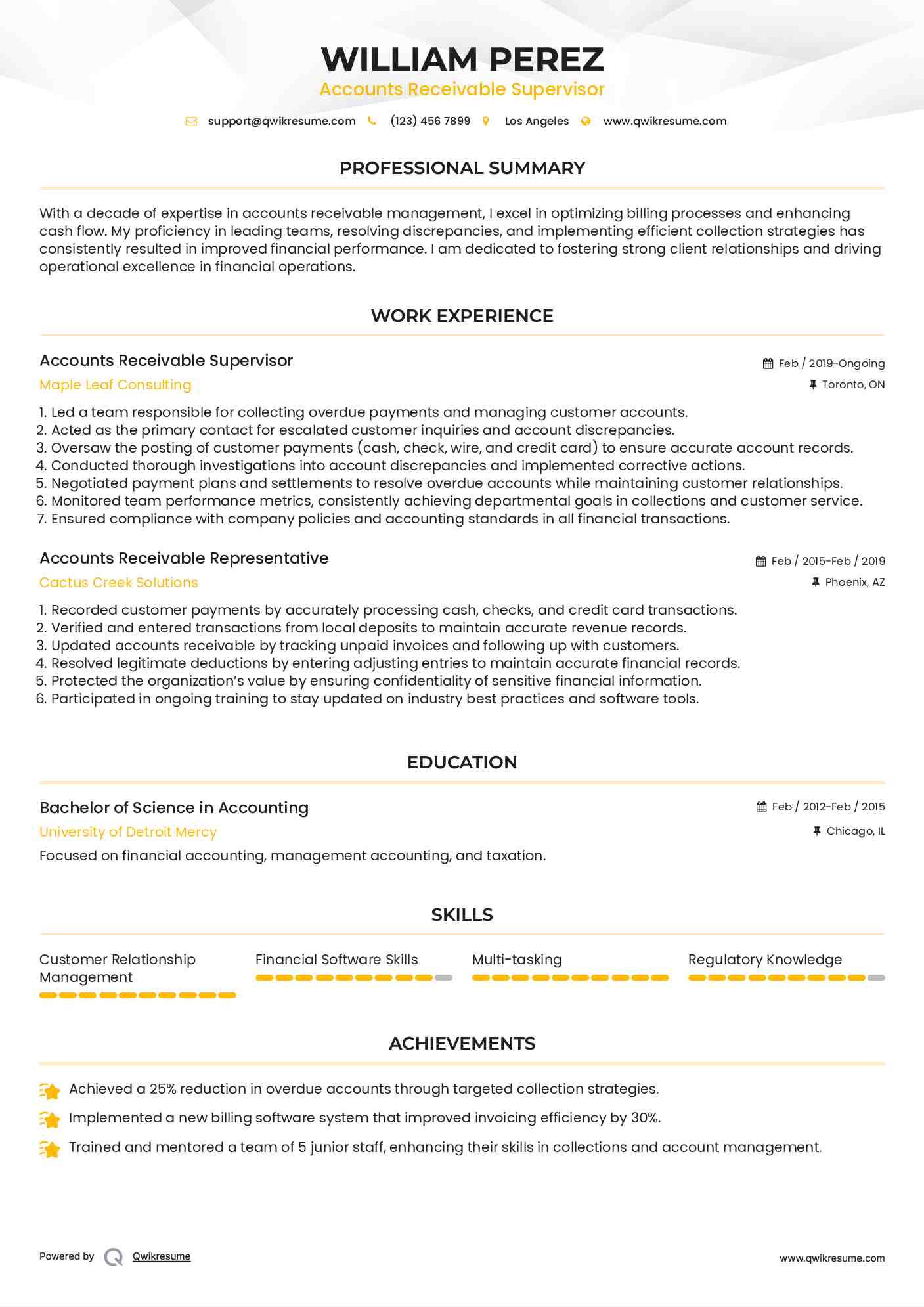 Accounts Receivable Supervisor Resume Format