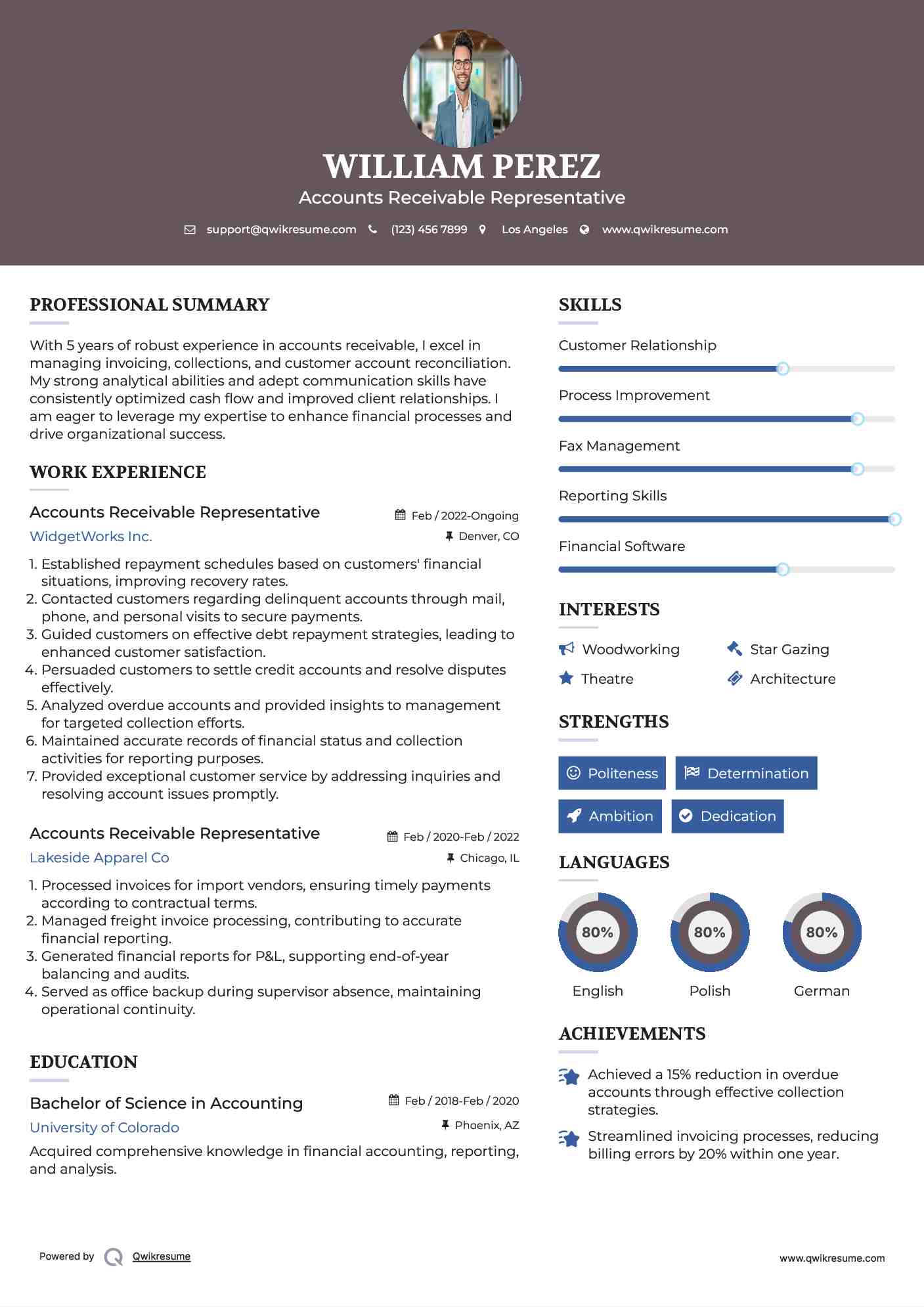 Accounts Receivable Representative Resume Sample