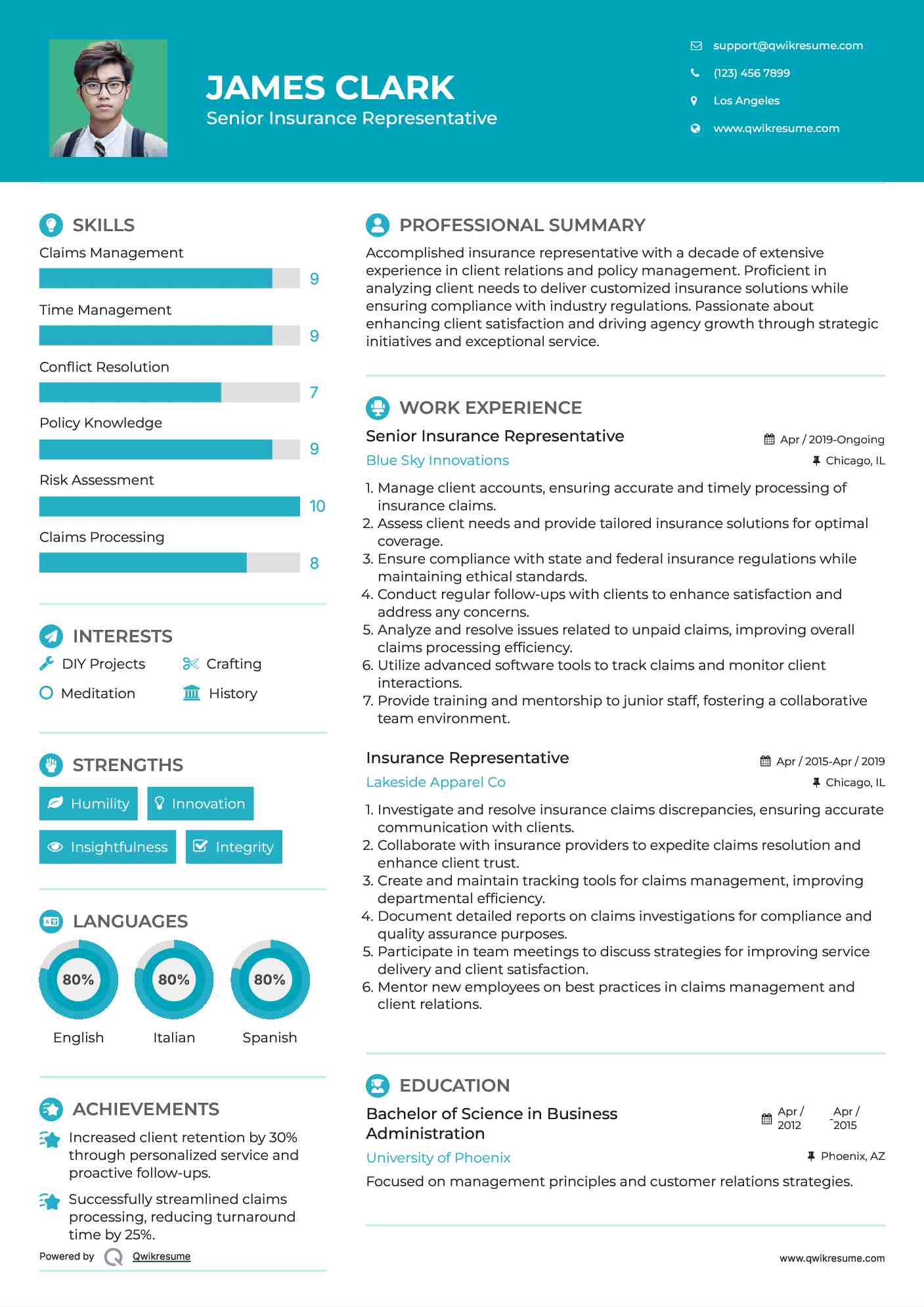 Senior Insurance Representative Resume Example
