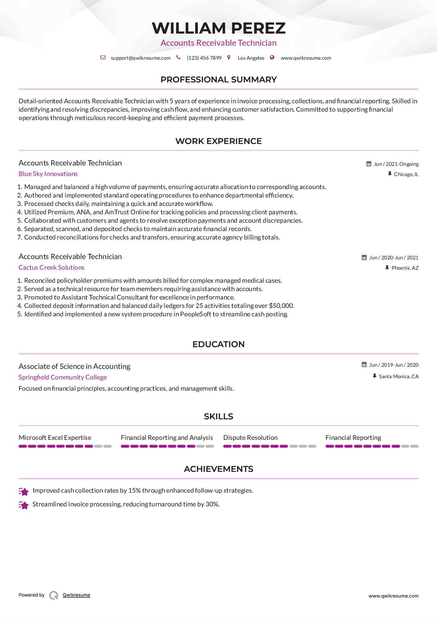 Accounts Receivable Technician Resume Format