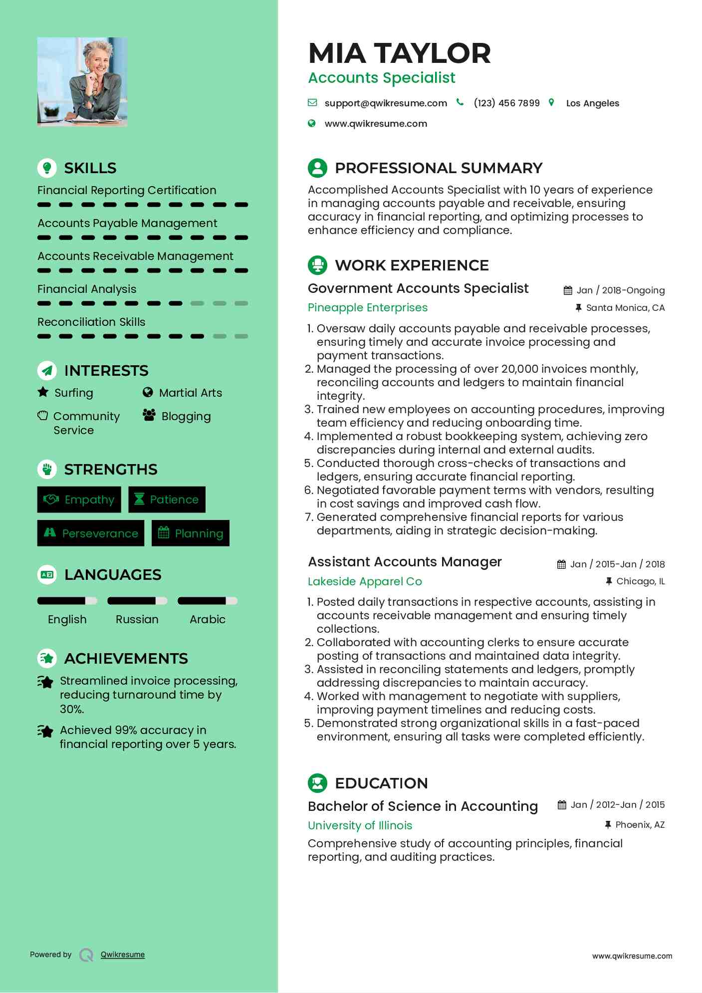 Government Accounts Specialist Resume Sample