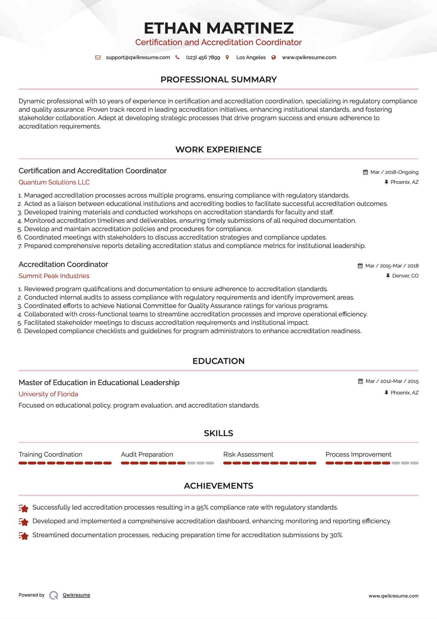 Certification and Accreditation Coordinator
 Resume Example
