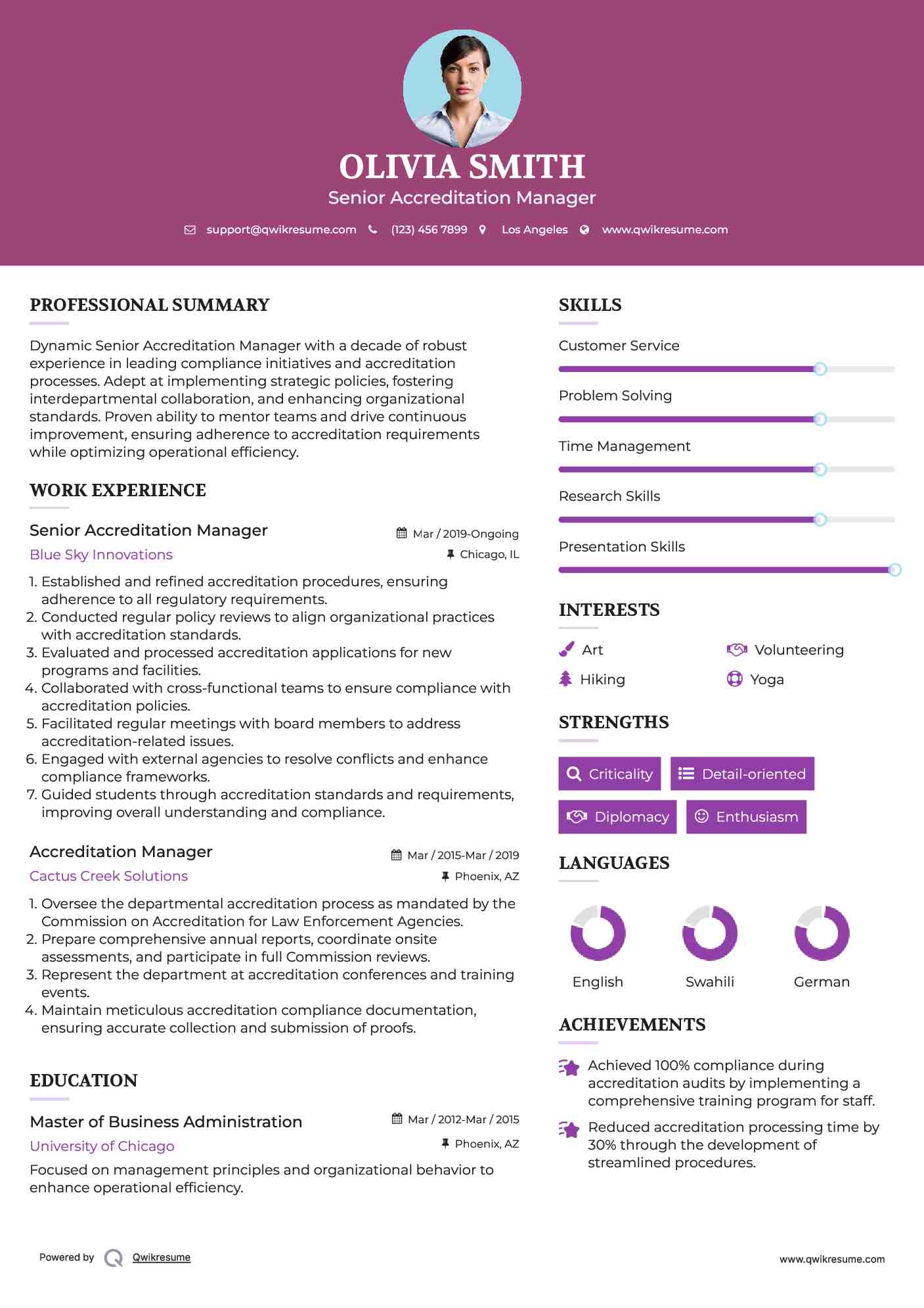 Senior Accreditation Manager Resume Sample