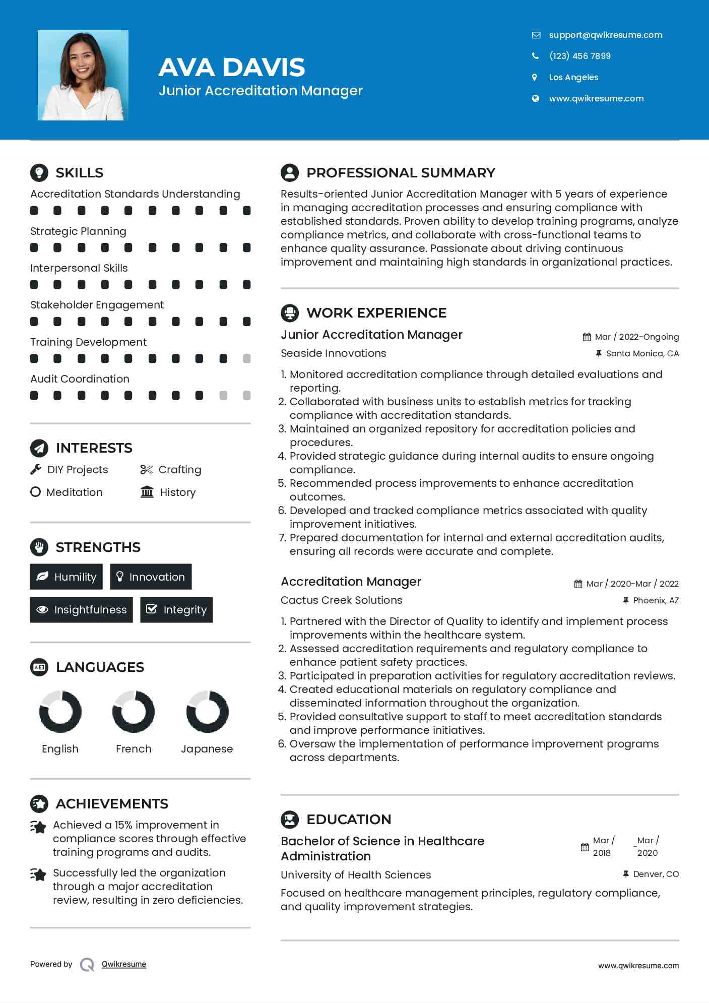 Junior Accreditation Manager Resume Example