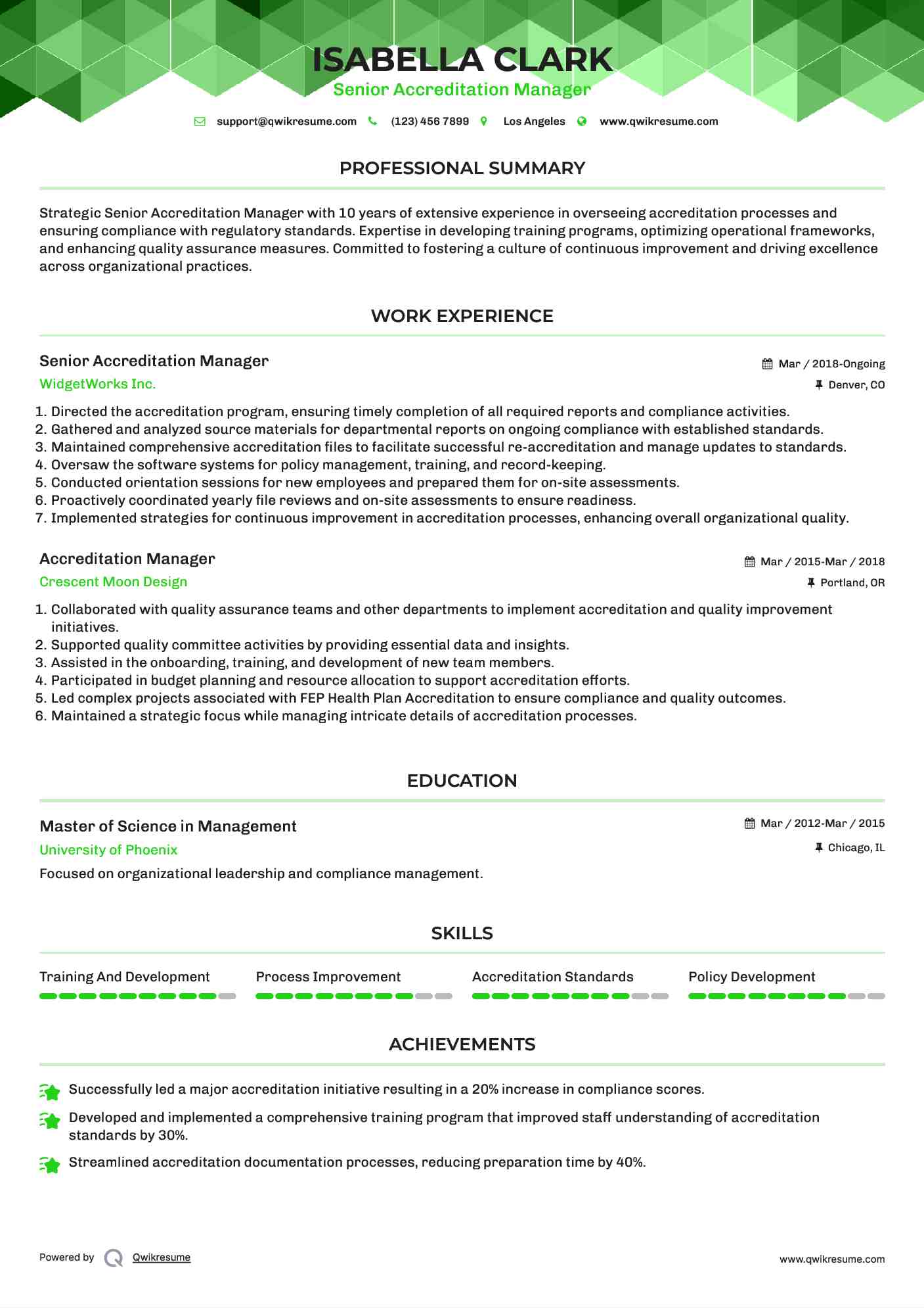 Senior Accreditation Manager Resume Example