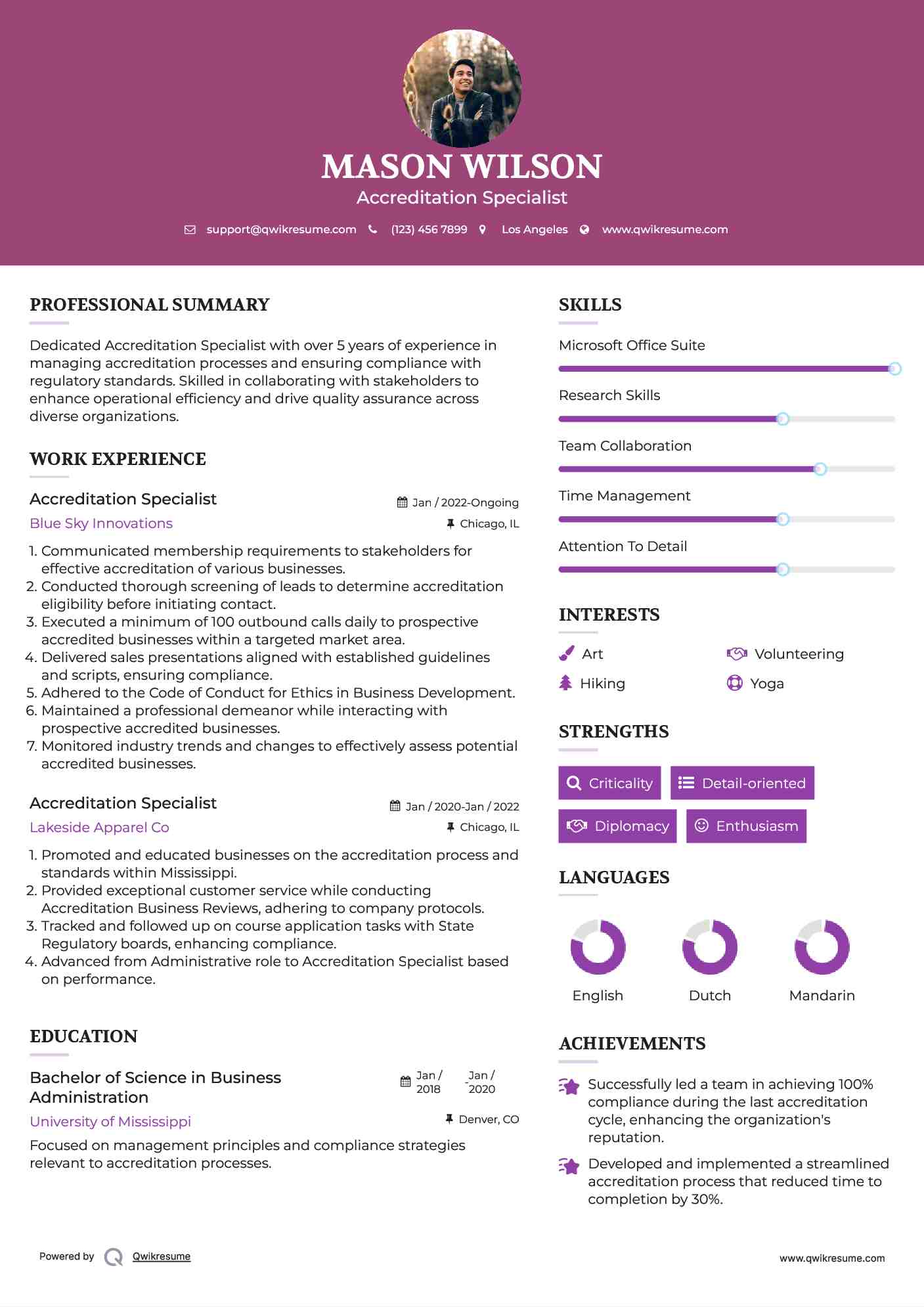 Accreditation Specialist Resume Model