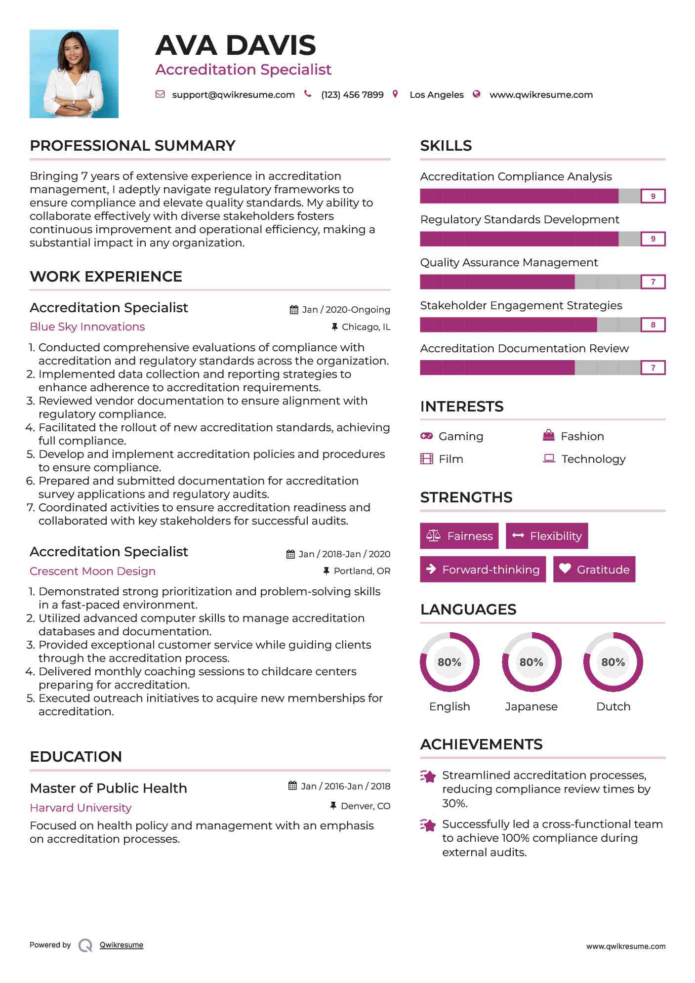 Accreditation Specialist Resume Sample