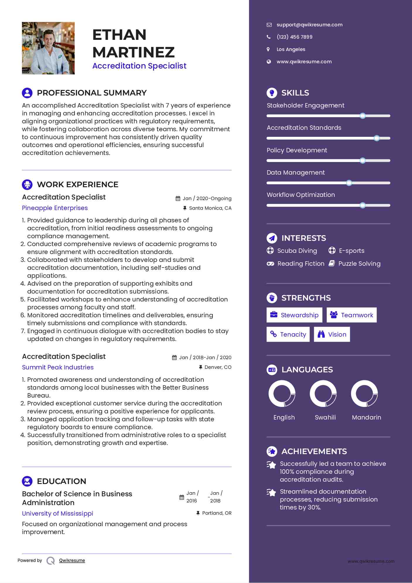Accreditation Specialist Resume Sample