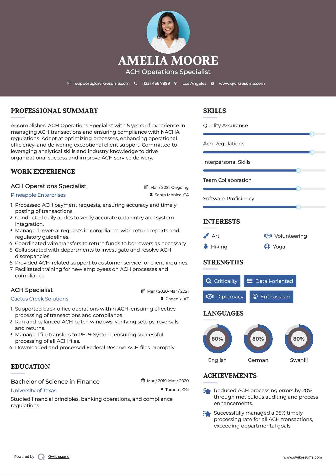 ACH Operations Specialist Resume Example