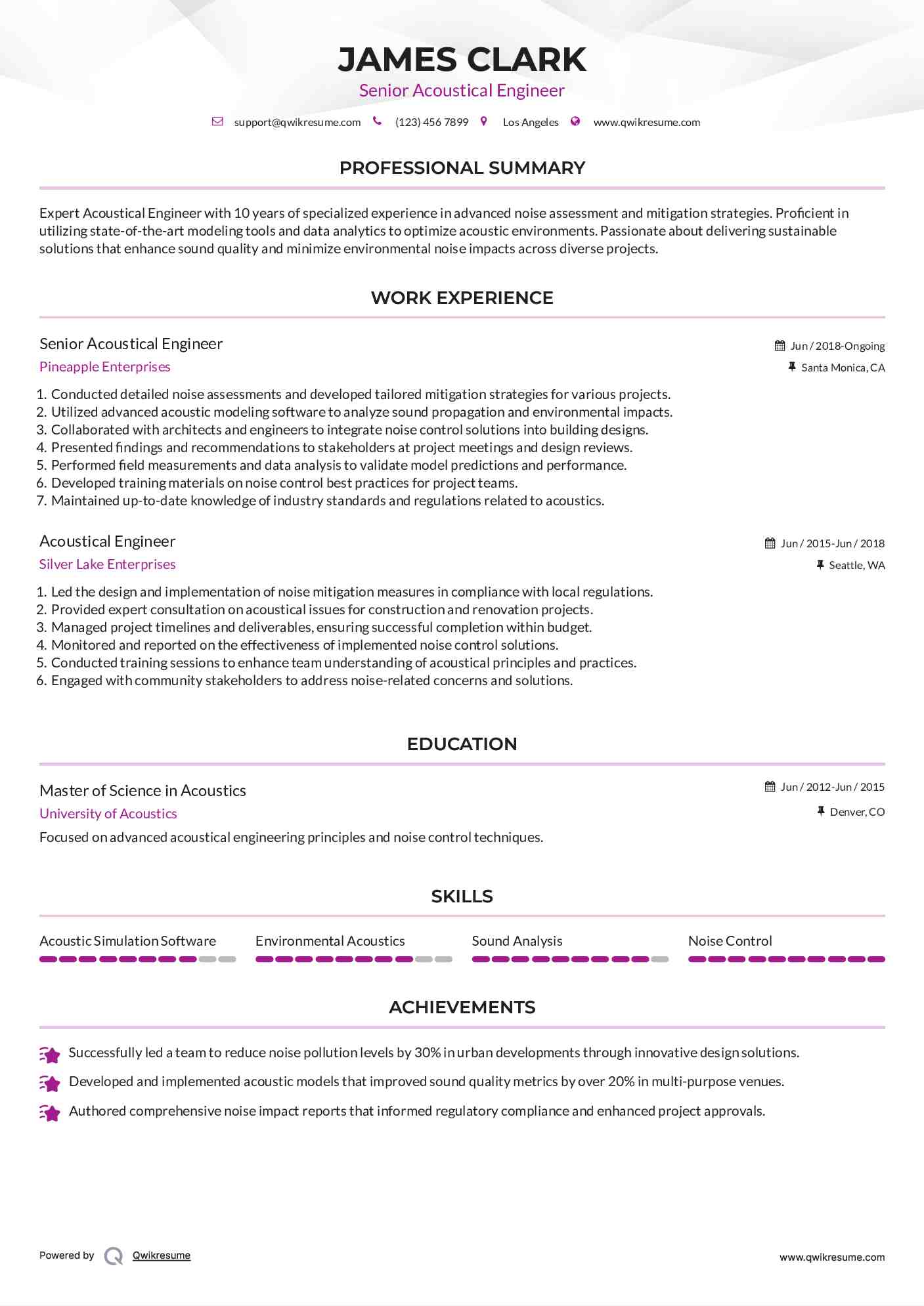 Senior Acoustical Engineer  Resume Example