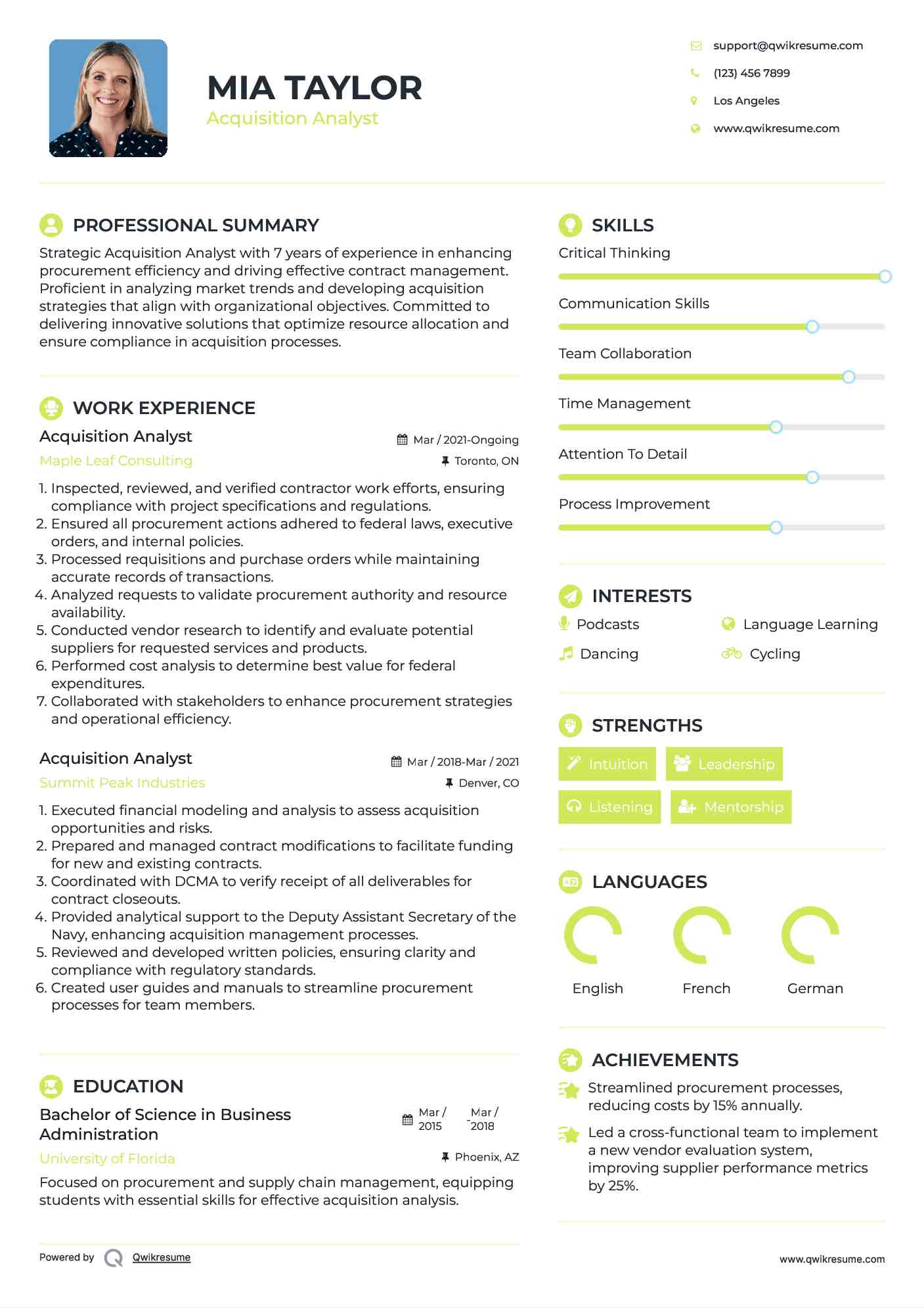 Acquisition Analyst Resume Example