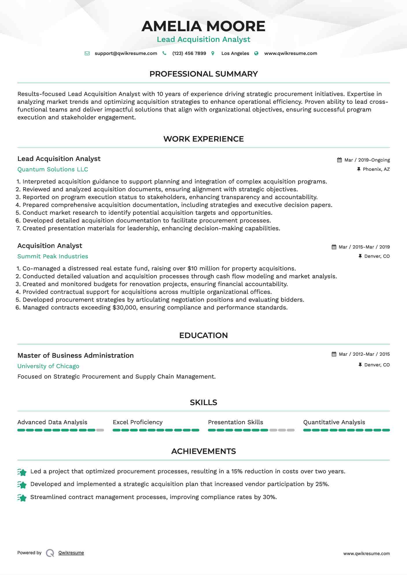 Lead Acquisition Analyst Resume Sample