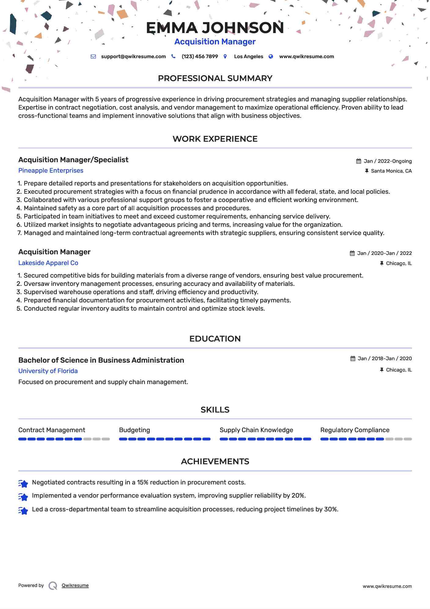 Acquisition Manager/Specialist Resume Sample