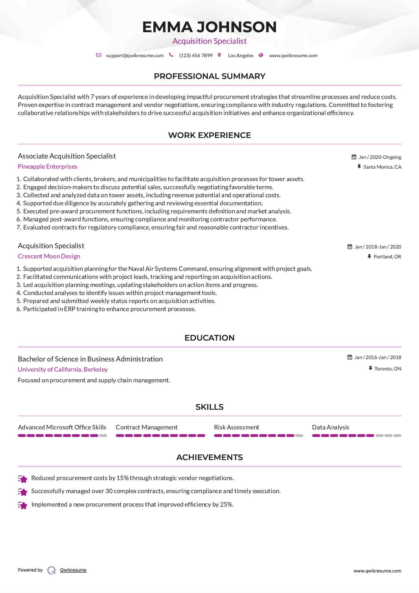 Associate Acquisition Specialist Resume Sample