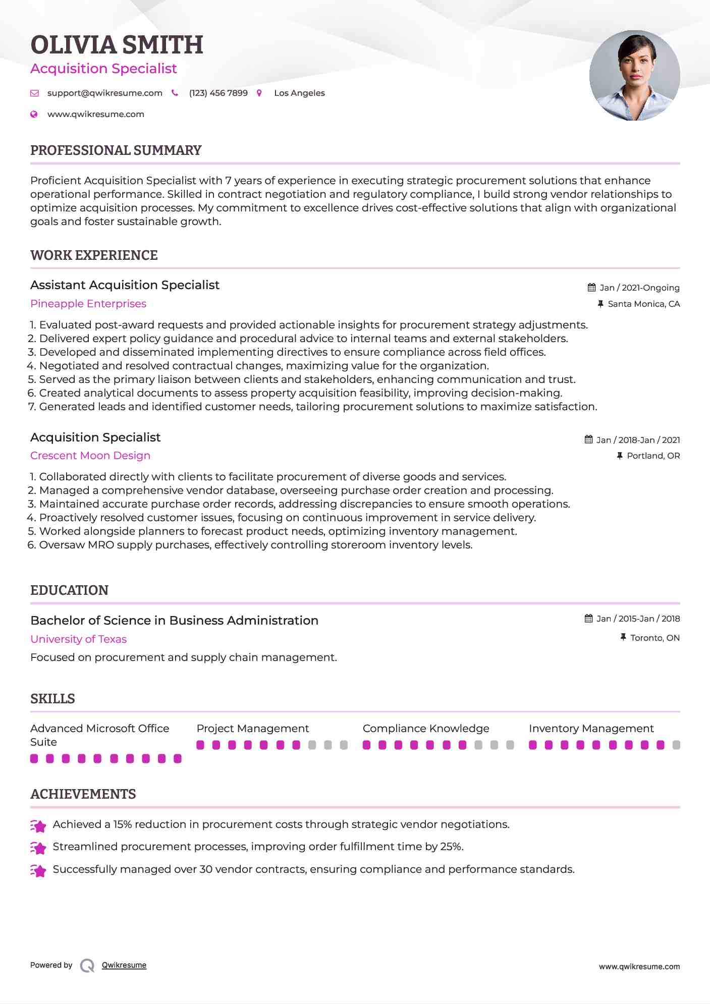 Assistant Acquisition Specialist Resume Example