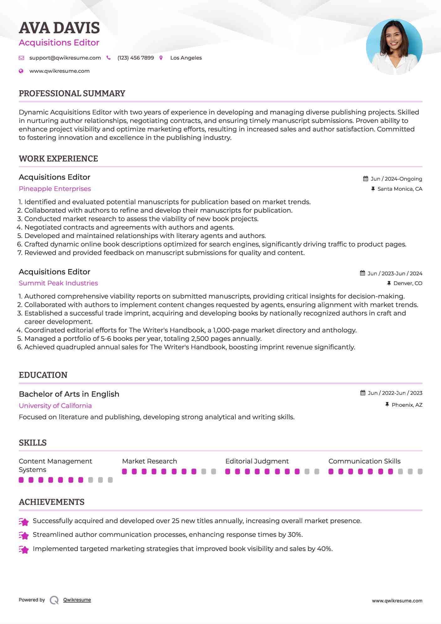 Acquisitions Editor Resume Example