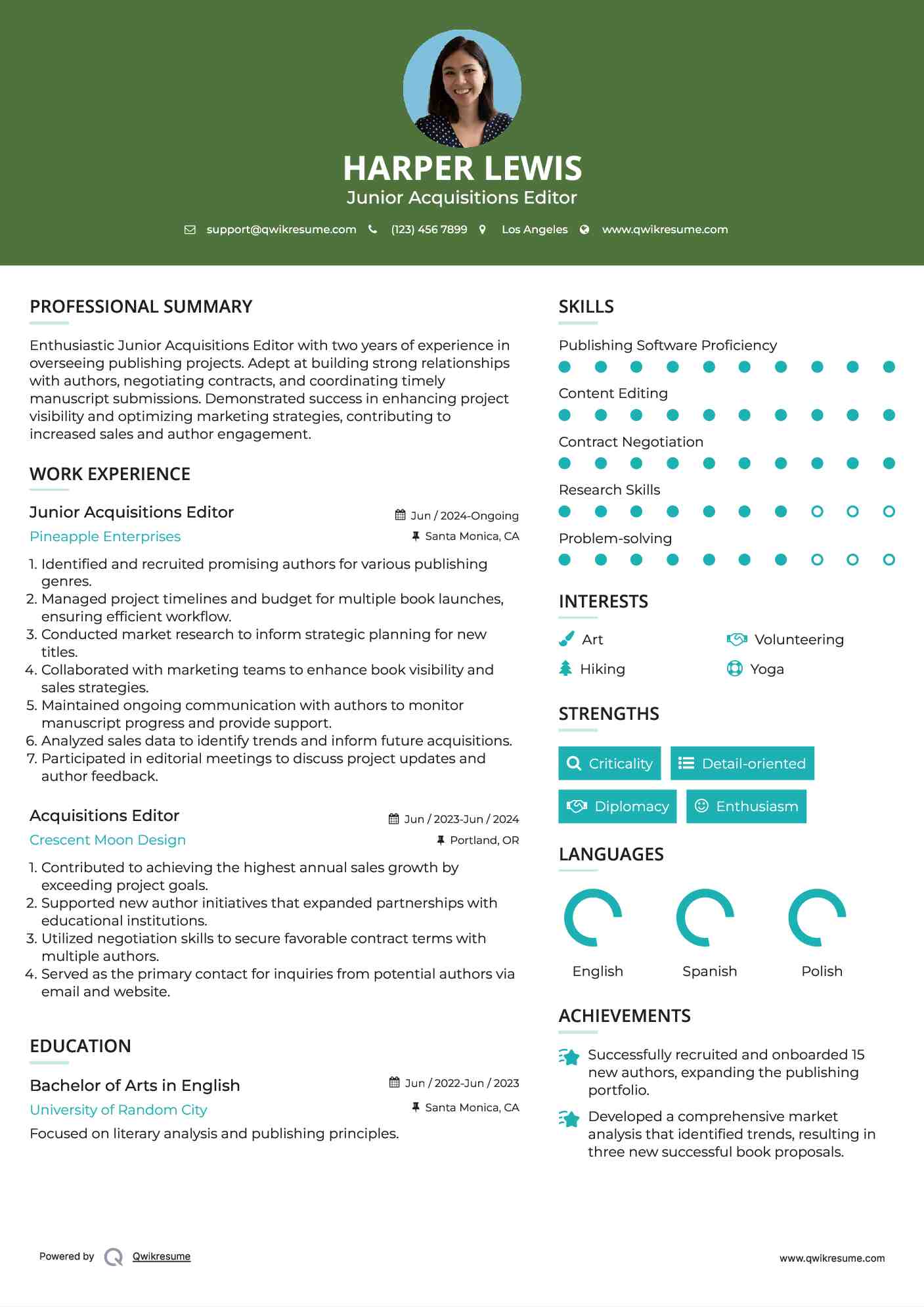 Junior Acquisitions Editor Resume Model