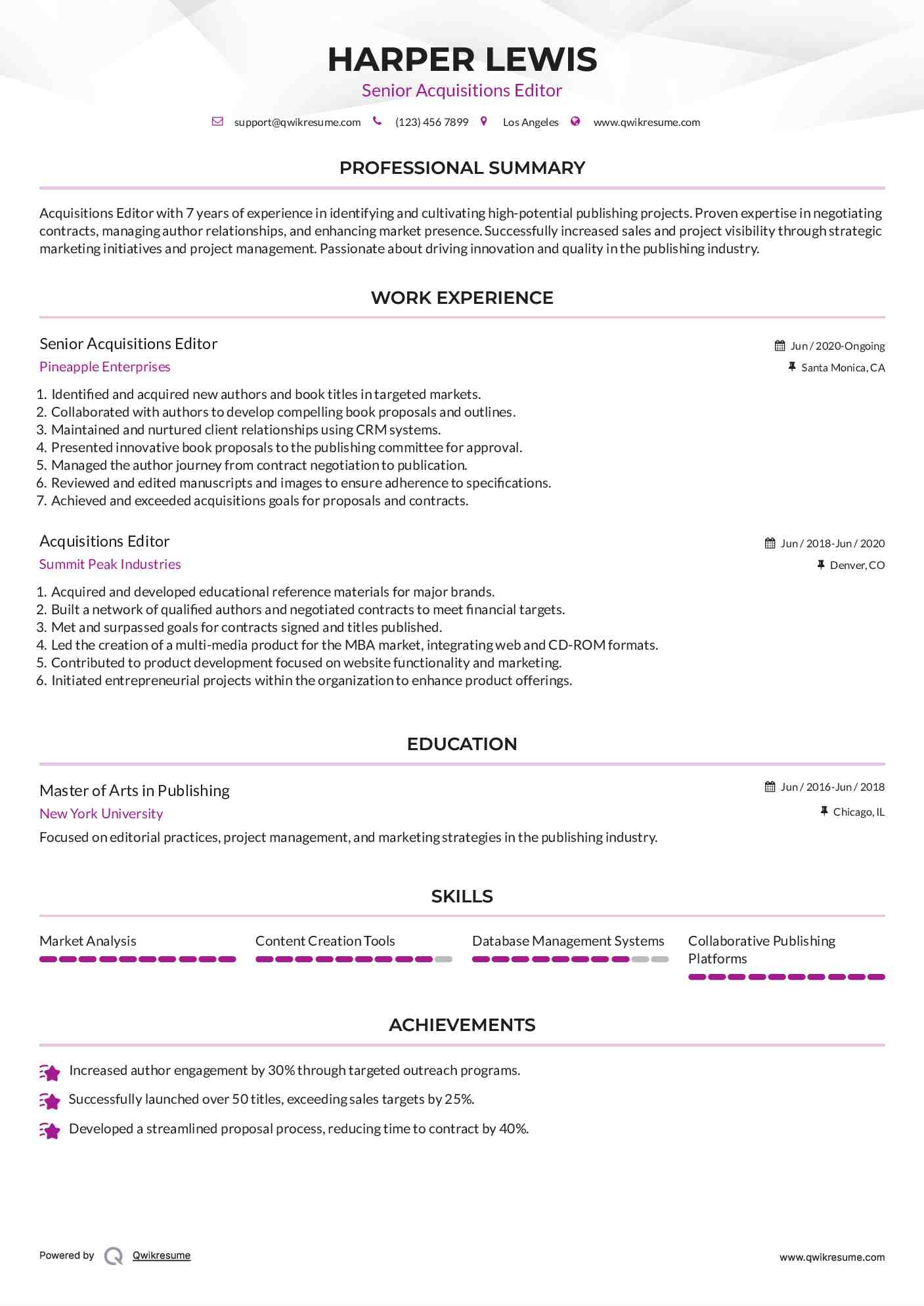 Senior Acquisitions Editor Resume Sample