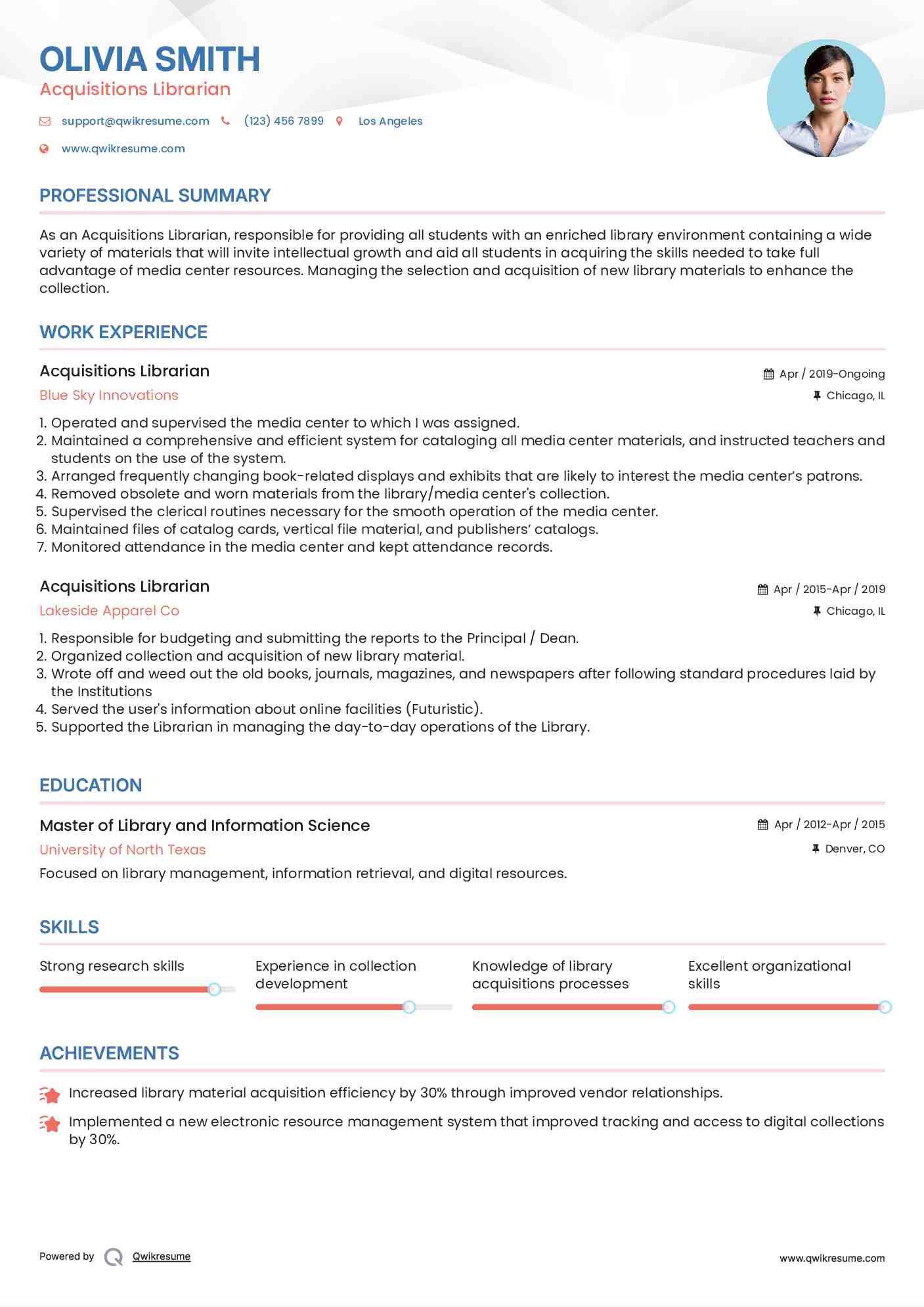 Acquisitions Librarian Resume Template