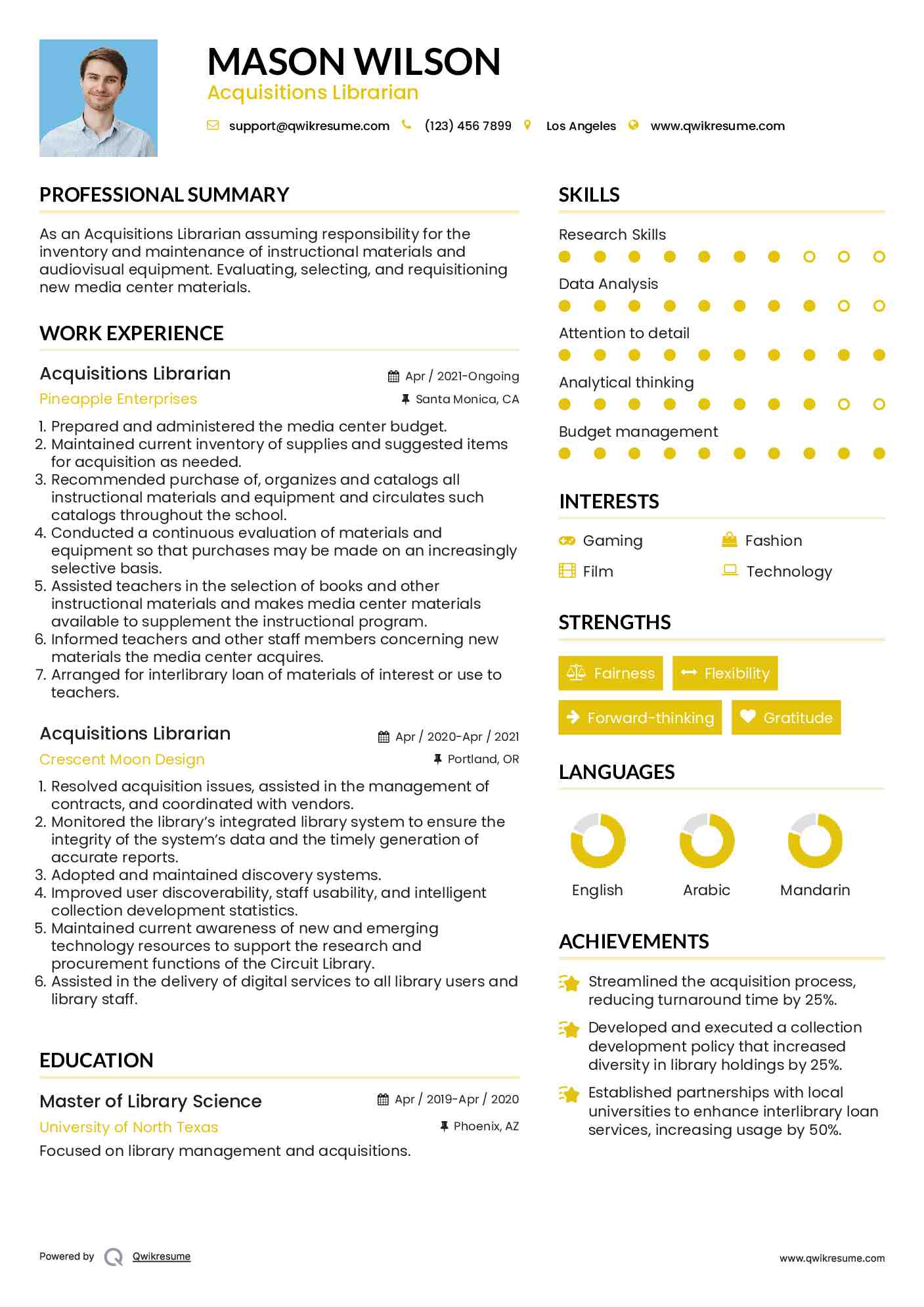 Acquisitions Librarian Resume Example