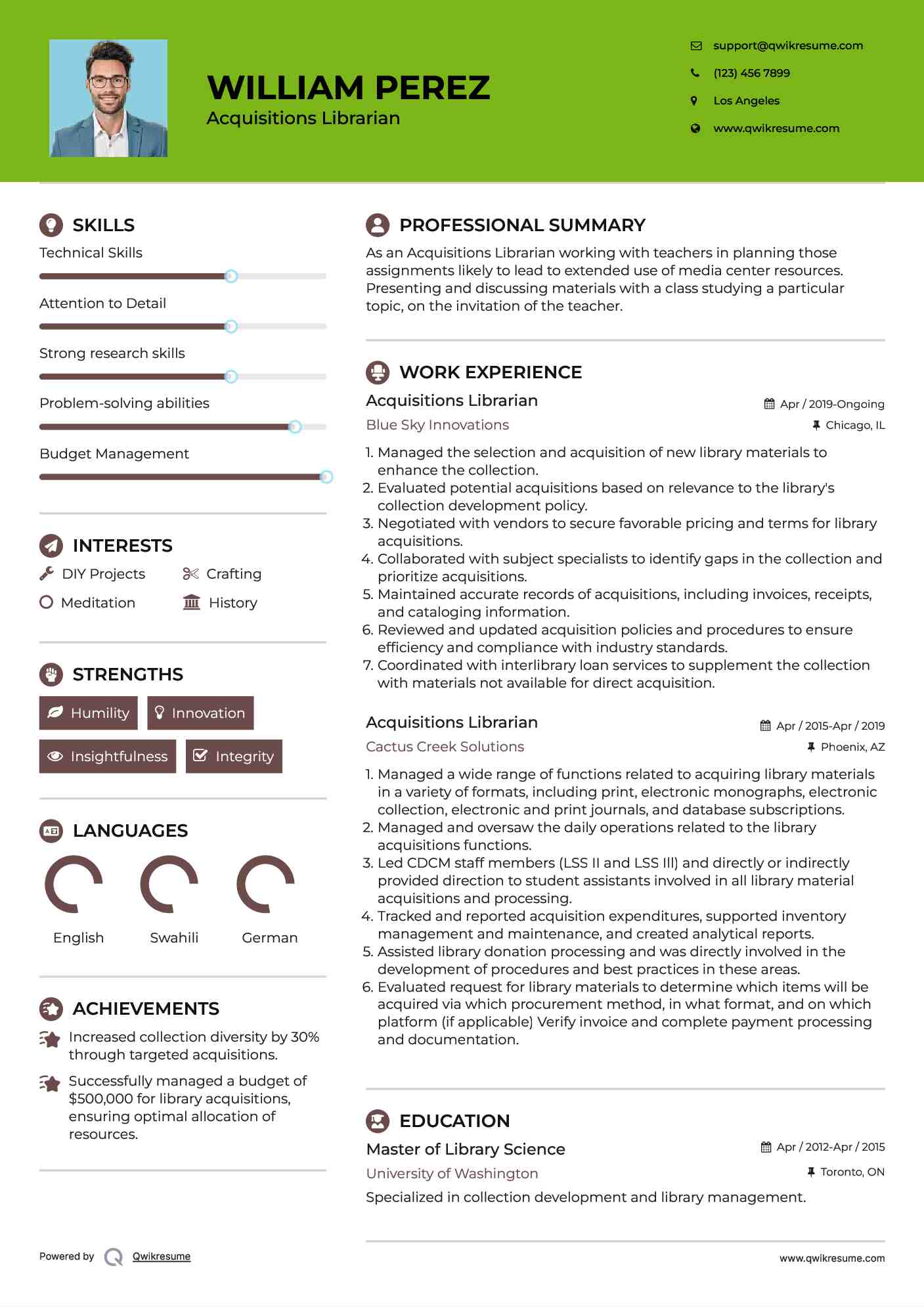 Acquisitions Librarian Resume Model