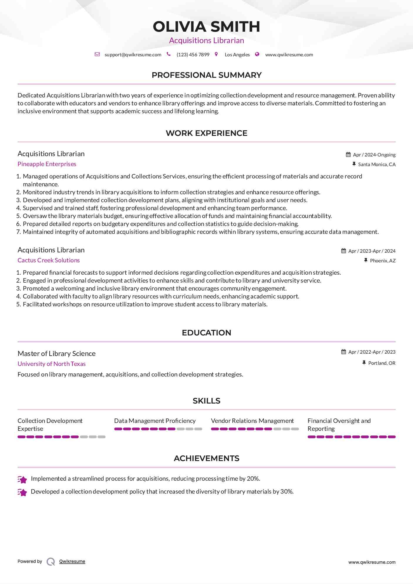 Acquisitions Librarian Resume Template