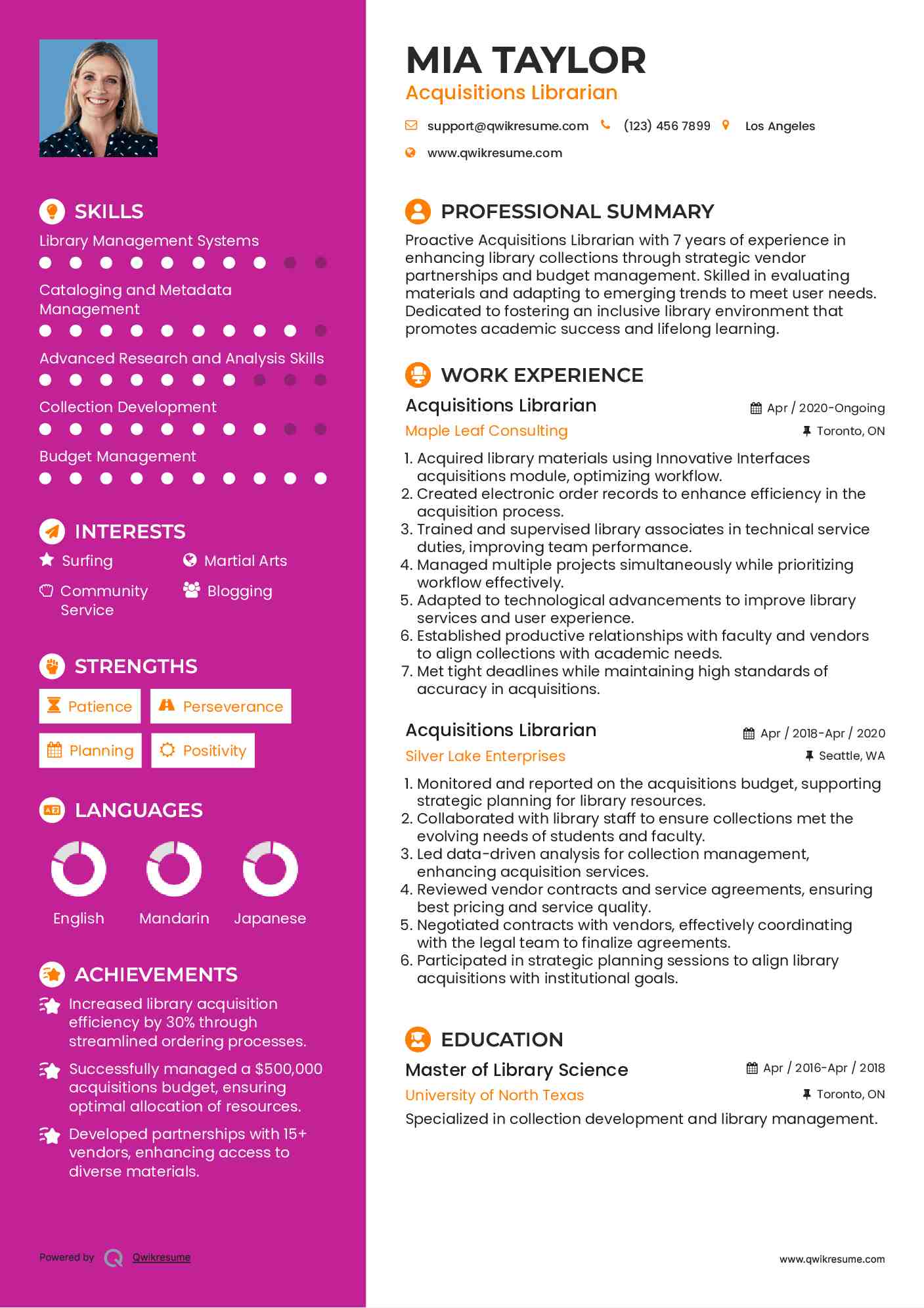 Acquisitions Librarian Resume Sample