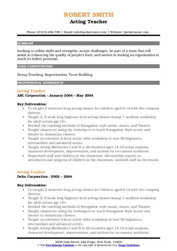 Acting Teacher Resume Samples QwikResume