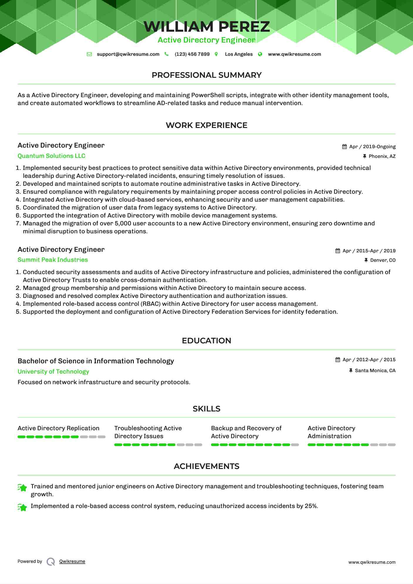 Active Directory Engineer Resume Sample