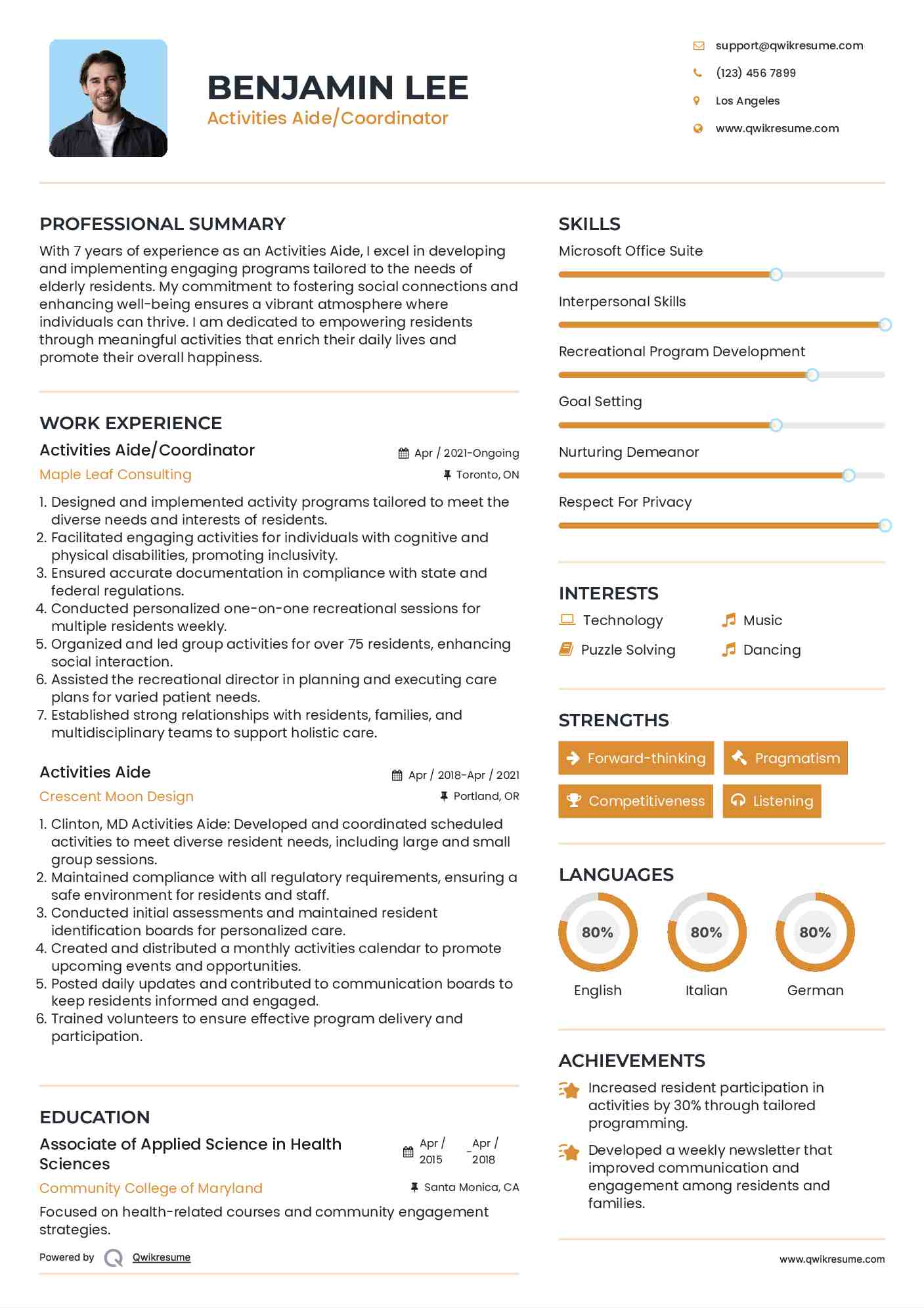 Activities Aide/Coordinator Resume Model