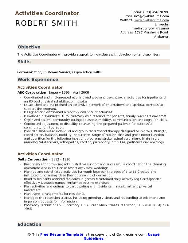 Activities Coordinator Resume Samples QwikResume