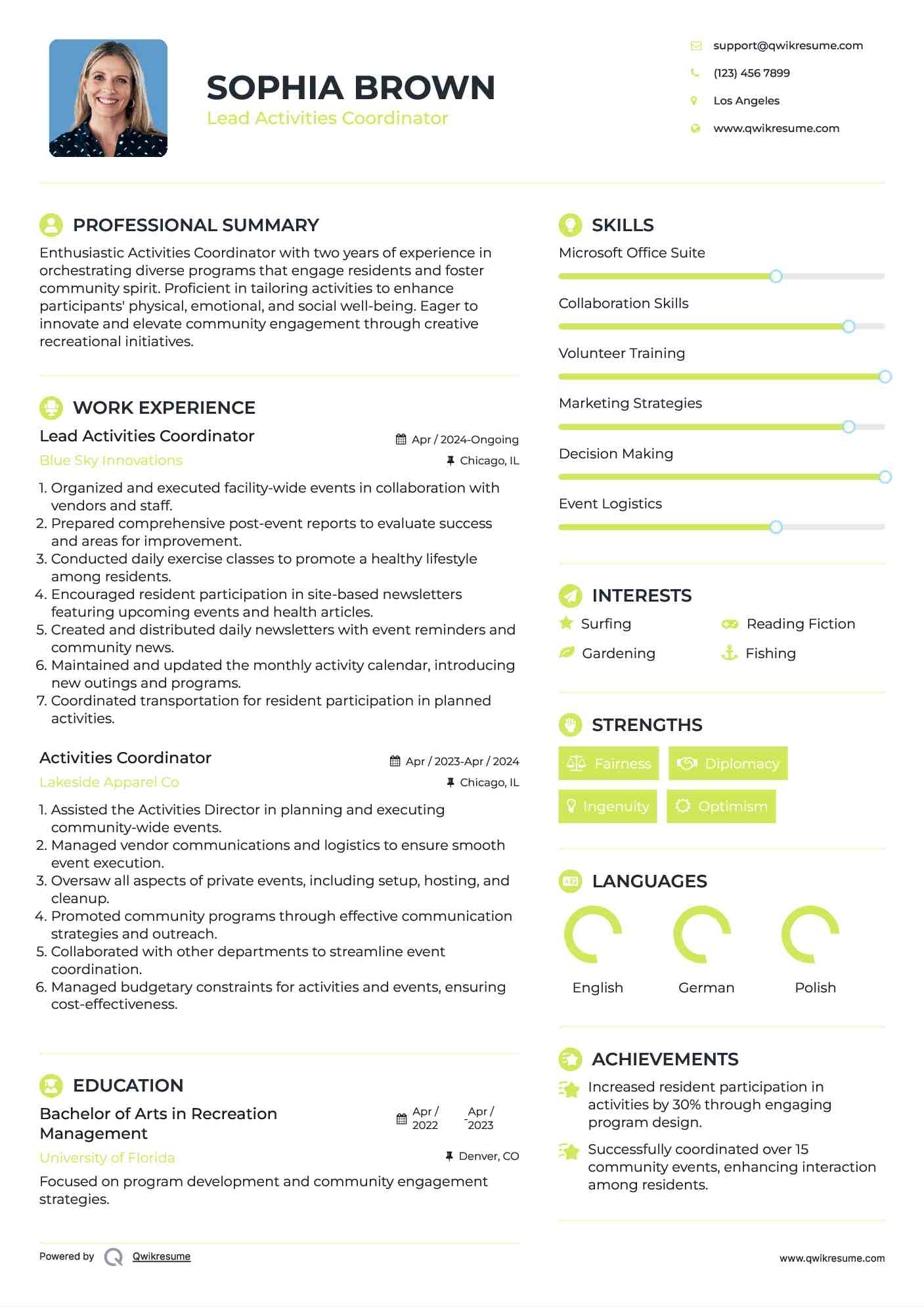 Lead Activities Coordinator Resume Format