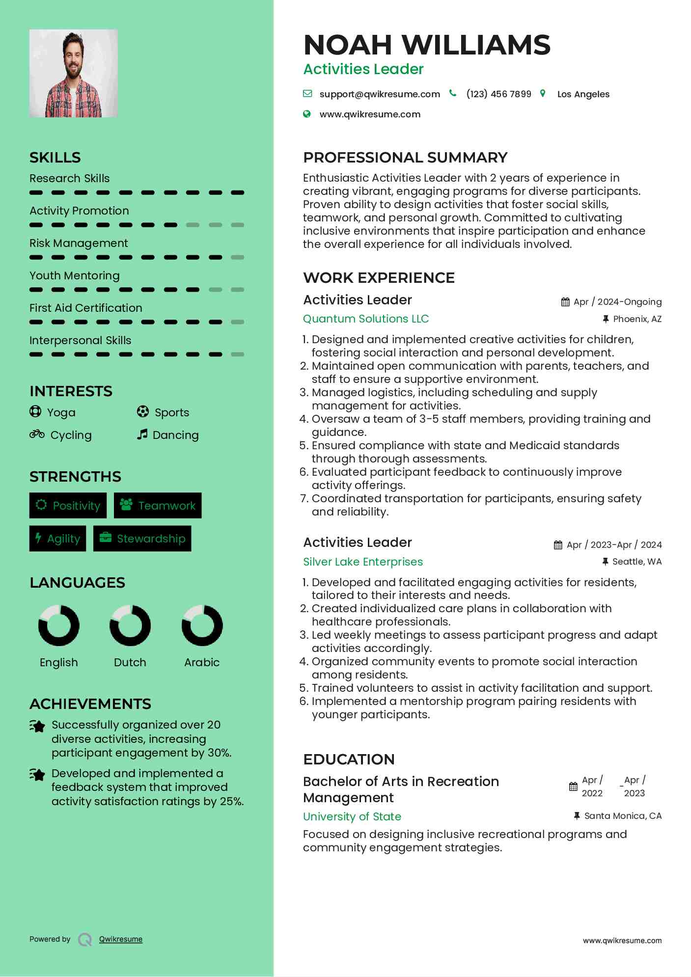 Activities Leader Resume Sample