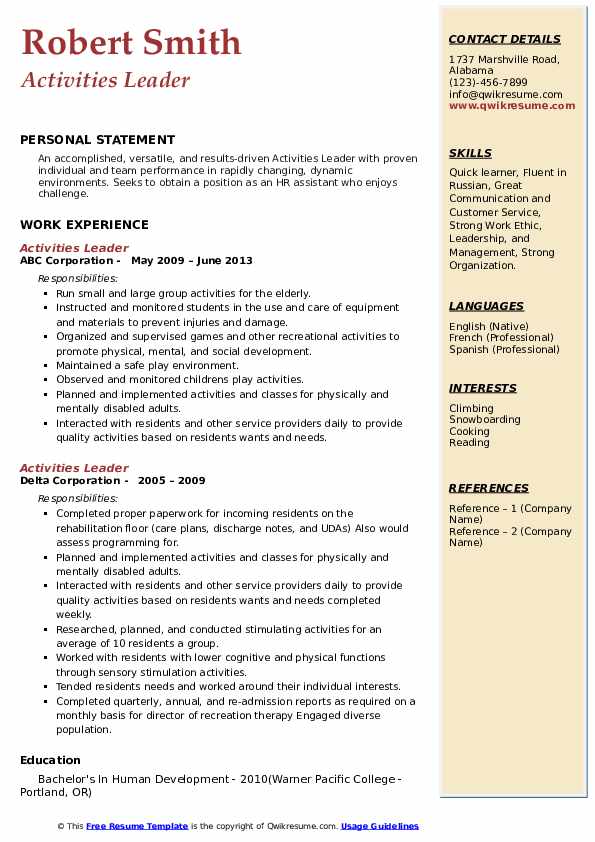 Activities Leader Resume Samples - Activities Leader 1599067086 Pdf 