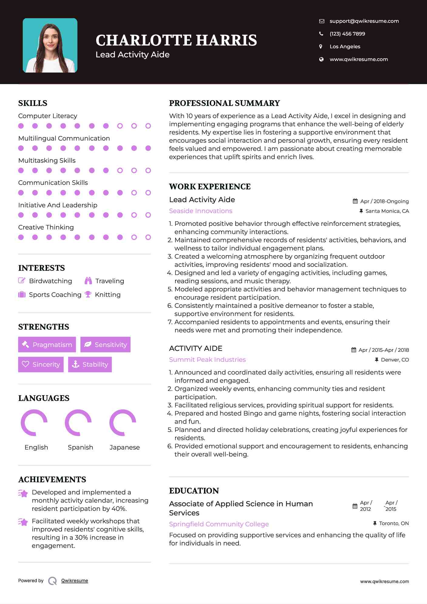 Lead Activity Aide Resume Template